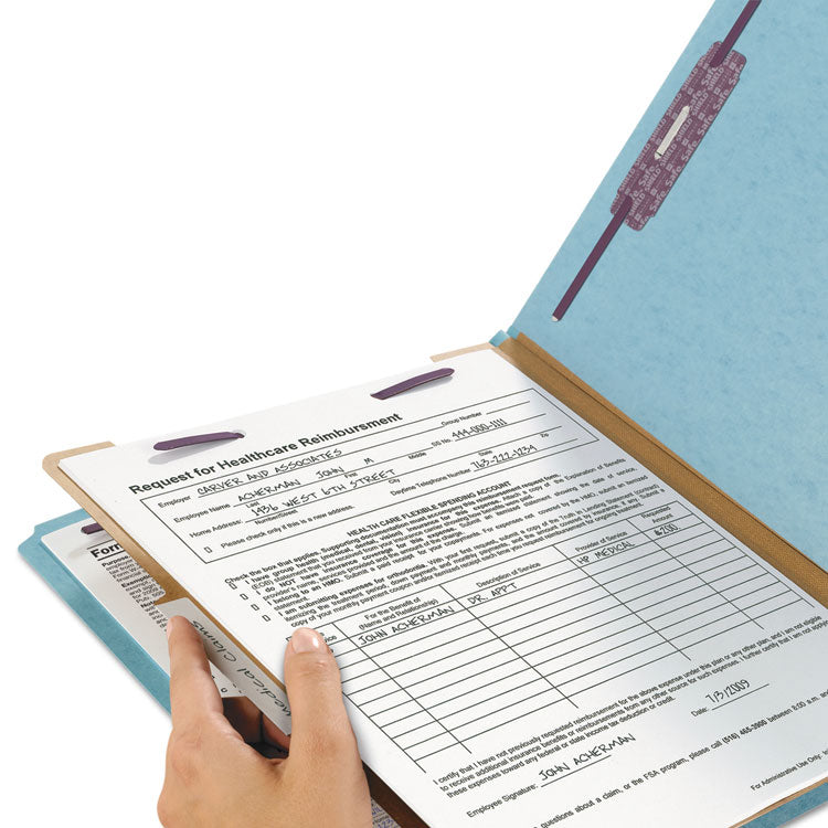 Four-Section Pressboard Top Tab Classification Folders, Four SafeSHIELD Fasteners, 1 Divider, Letter Size, Blue, 10/Box