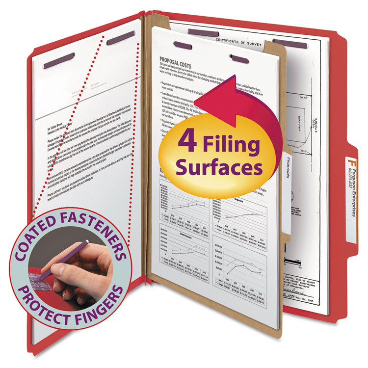 Four-Section Pressboard Top Tab Classification Folders, Four SafeSHIELD Fasteners, 1 Divider, Letter Size, Bright Red, 10/Box