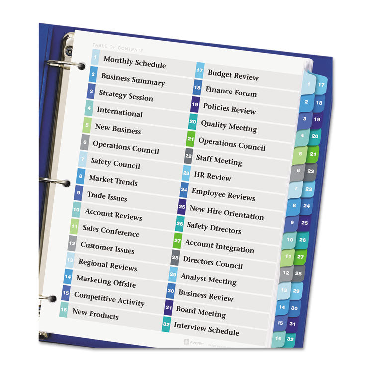 Customizable TOC Ready Index Double Column Multicolor Tab Dividers, 32-Tab, 1 to 32, 11 x 8.5, White, 1 Set