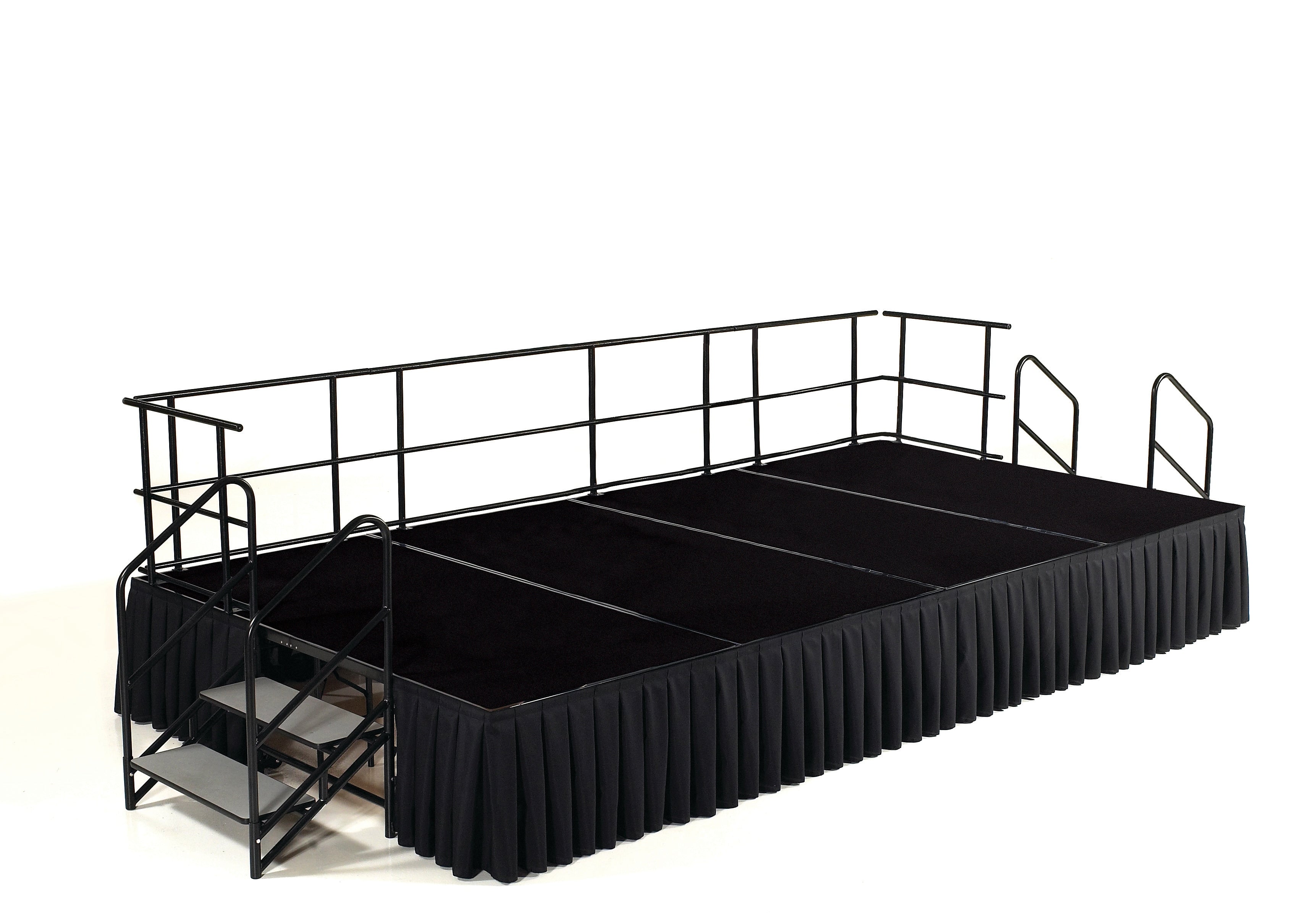 NPS 24"H Stage Package, 8' x 16', Box Pleat Black Skirting, Black Carpet (SG482404C10SB10)