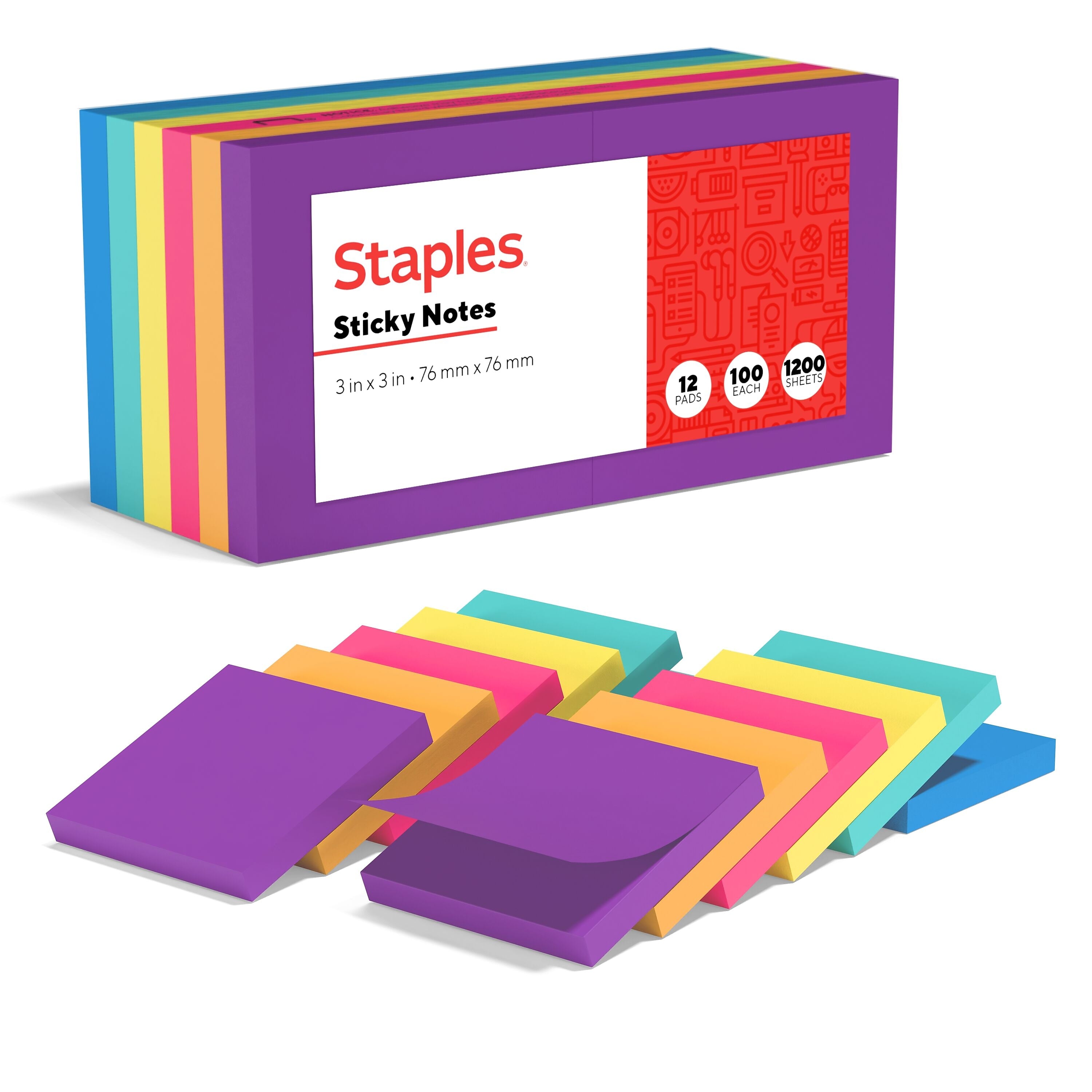 Staples Sticky Notes, 3" x 3", Sorbet Collection, 100 Sheets/Pad, 12 Pads/Pack (S-33BO12/52566)