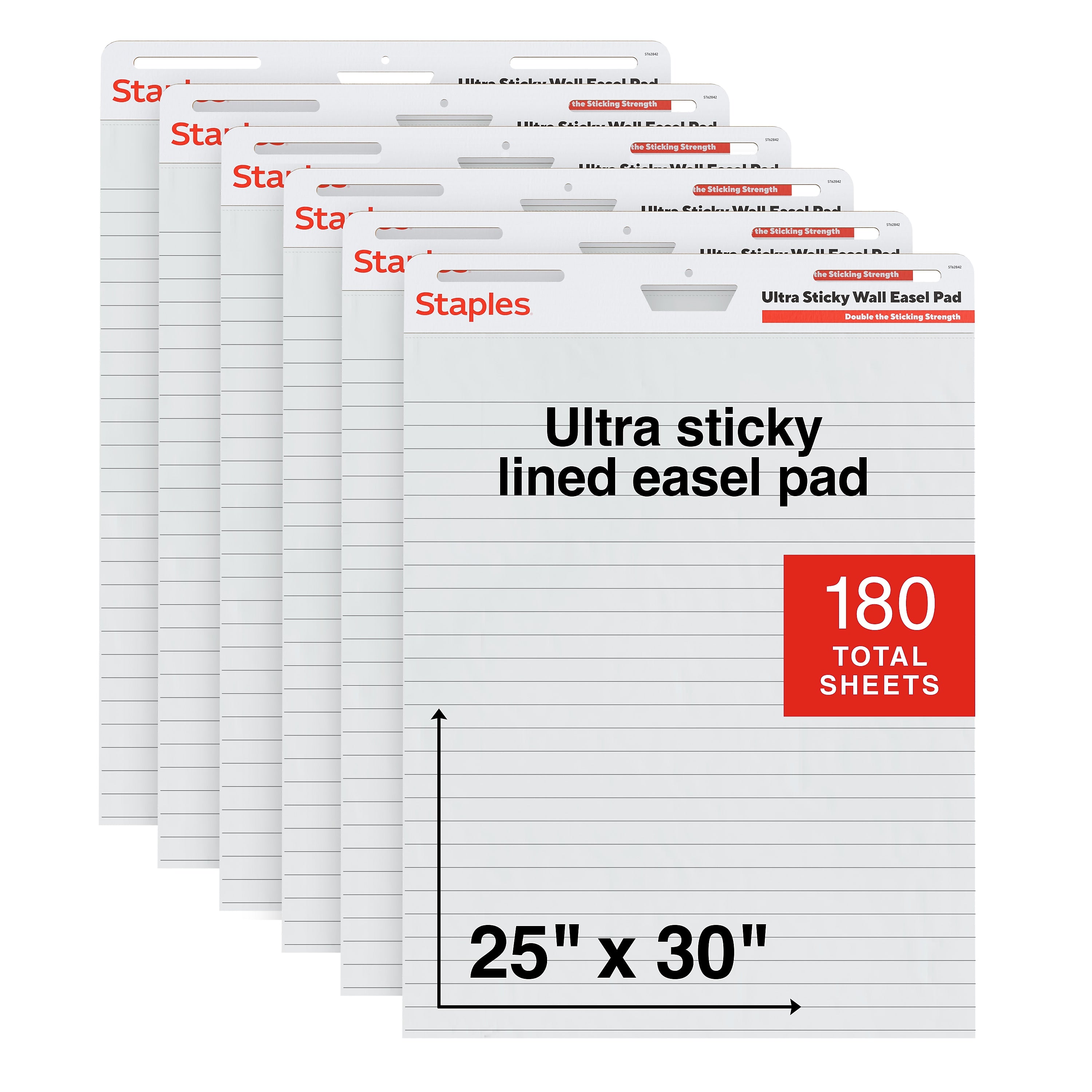 Staples Ultra Sticky Wall Easel Pad, 25" x 30", Lined, 30 Sheets/Pad, 6 Pads/Pack (ST62842)