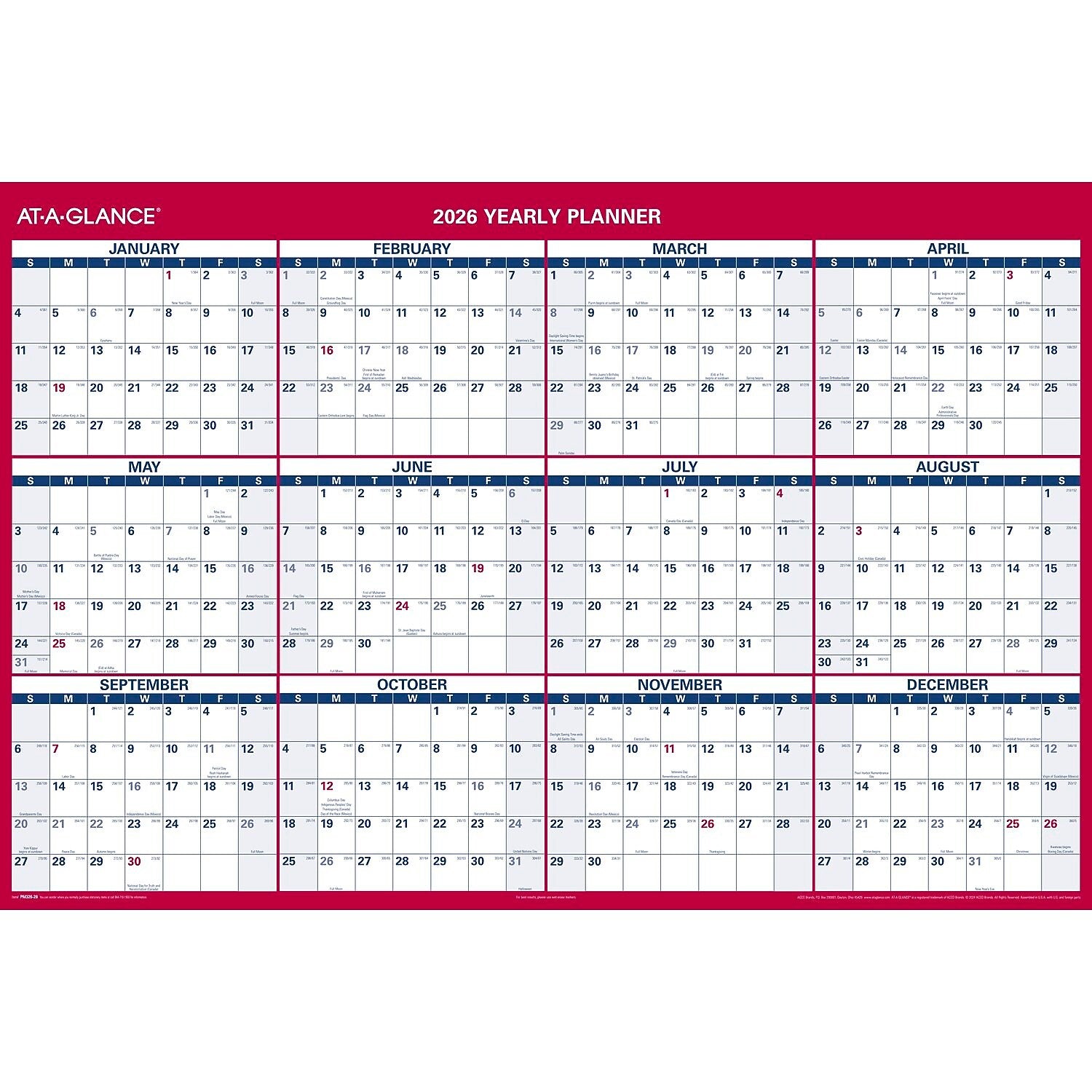 2026 AT-A-GLANCE 48" x 32" Yearly Dry Erase Wall Calendar, Reversible, White/Red (PM326-28-26)