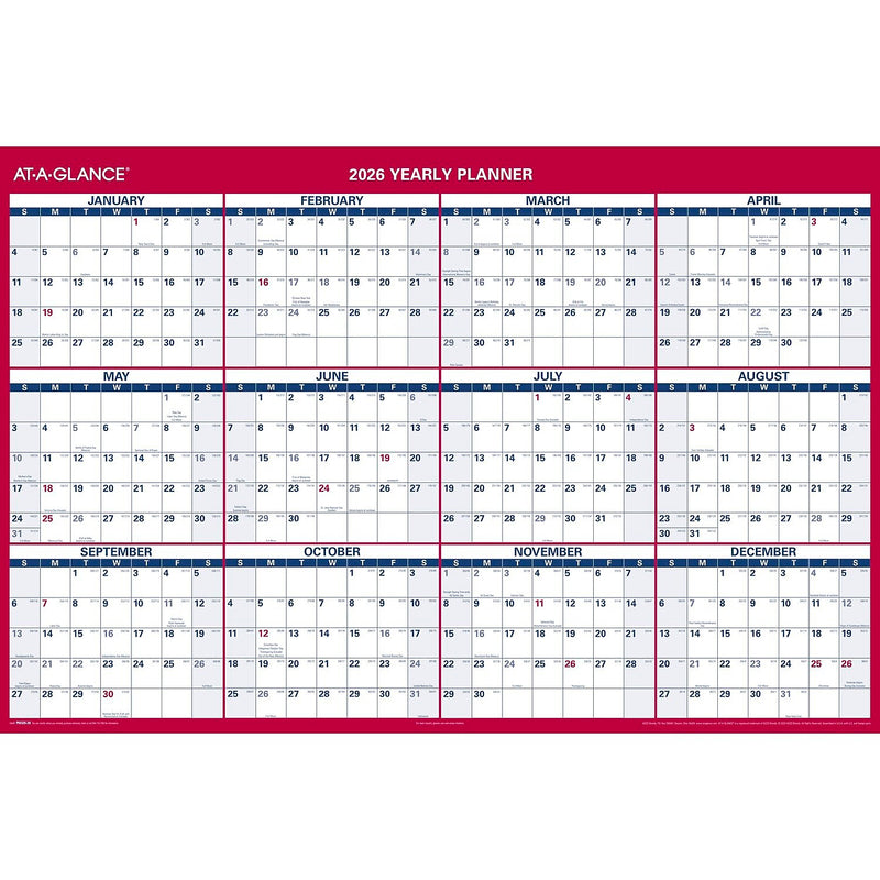 2026 AT-A-GLANCE 48" x 32" Yearly Dry Erase Wall Calendar, Reversible, White/Red (PM326-28-26)