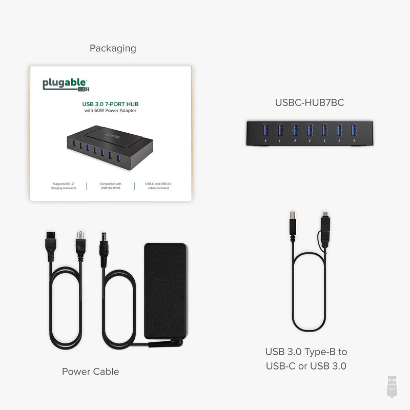 Plugable 7-in-1 Charging Hub with Data Transfer for USB-C or USB 3.0 Laptops