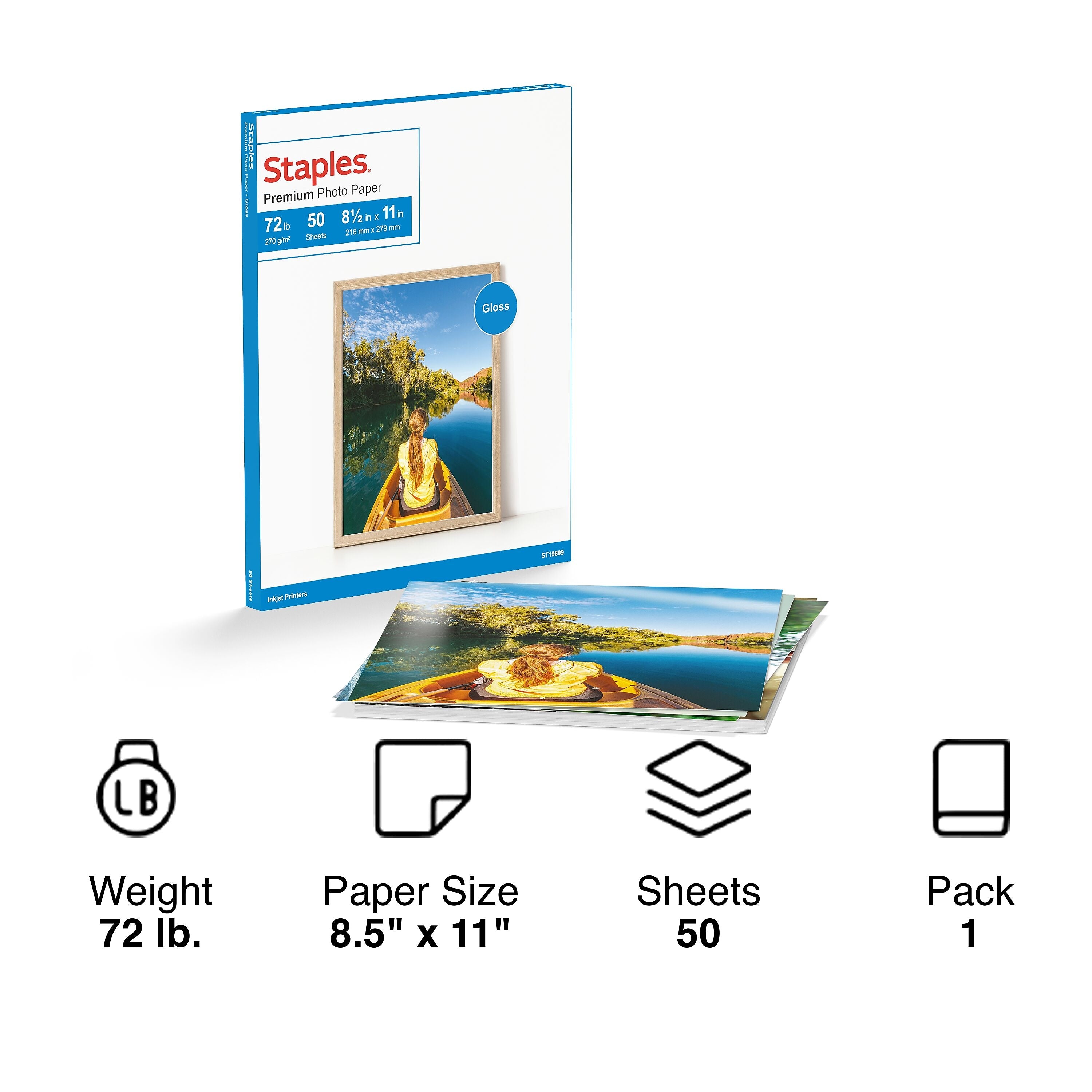 Staples Premium Glossy Photo Paper, 8.5"W x 11"L, 50/Pack (19899-CC)