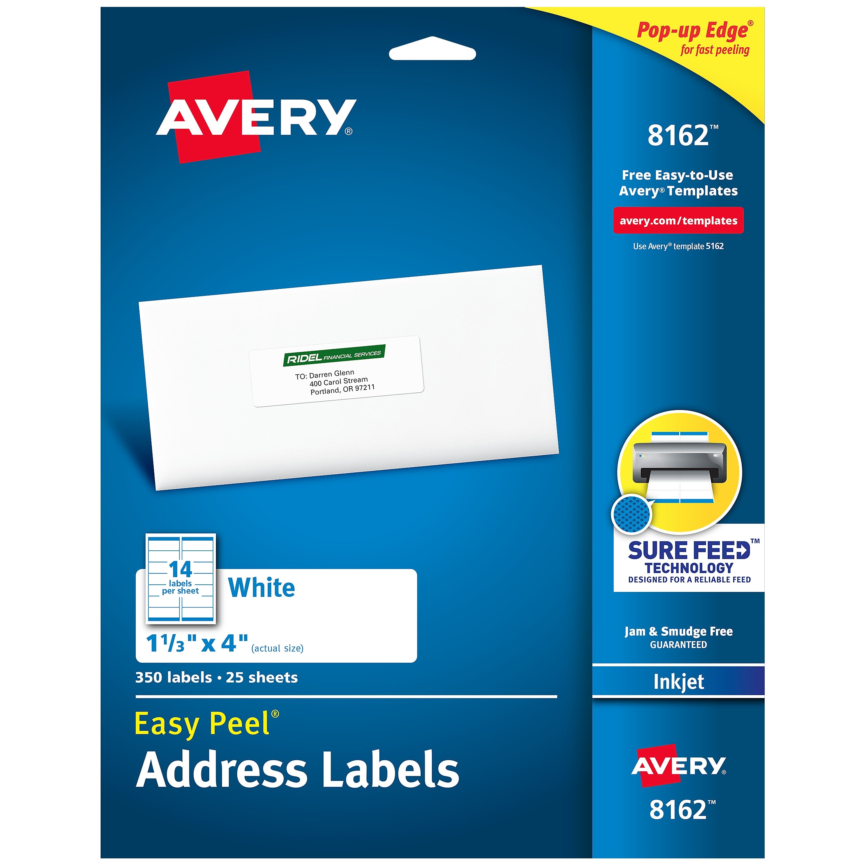Avery Easy Peel Inkjet Address Labels, 1-1/3" x 4", White, 350 Labels/Pack (8162)