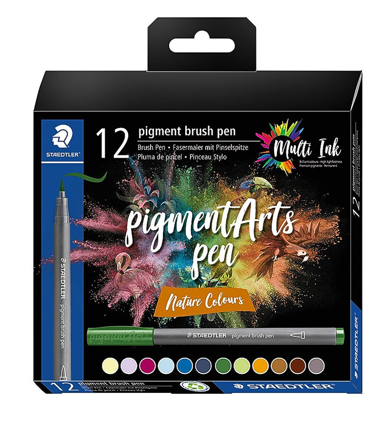 Staedtler Pigment Brush Pens, Brush/Fine Tip, Assorted Ink, 12/Pack (371 C12-3)