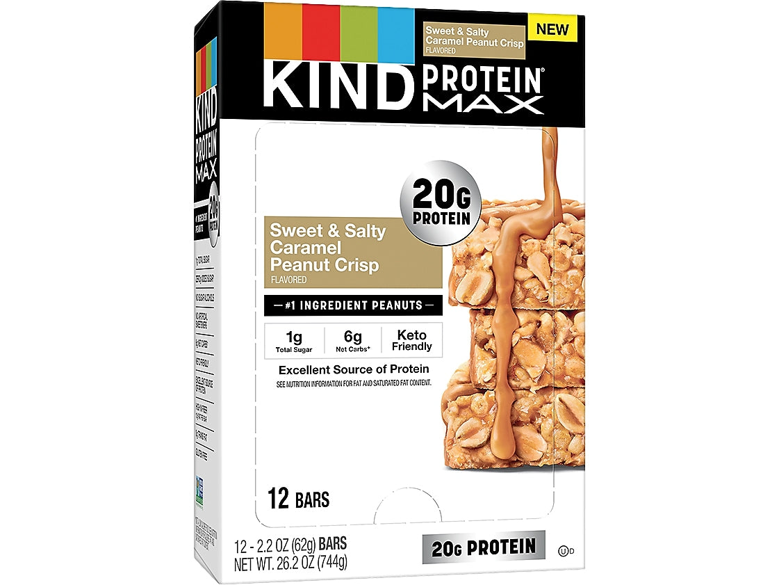 KIND Protein MAX Gluten Free Sweet & Salty Caramel Peanut Crisp Protein Bar, 2.2 oz., 12 Bars/Box (43475)