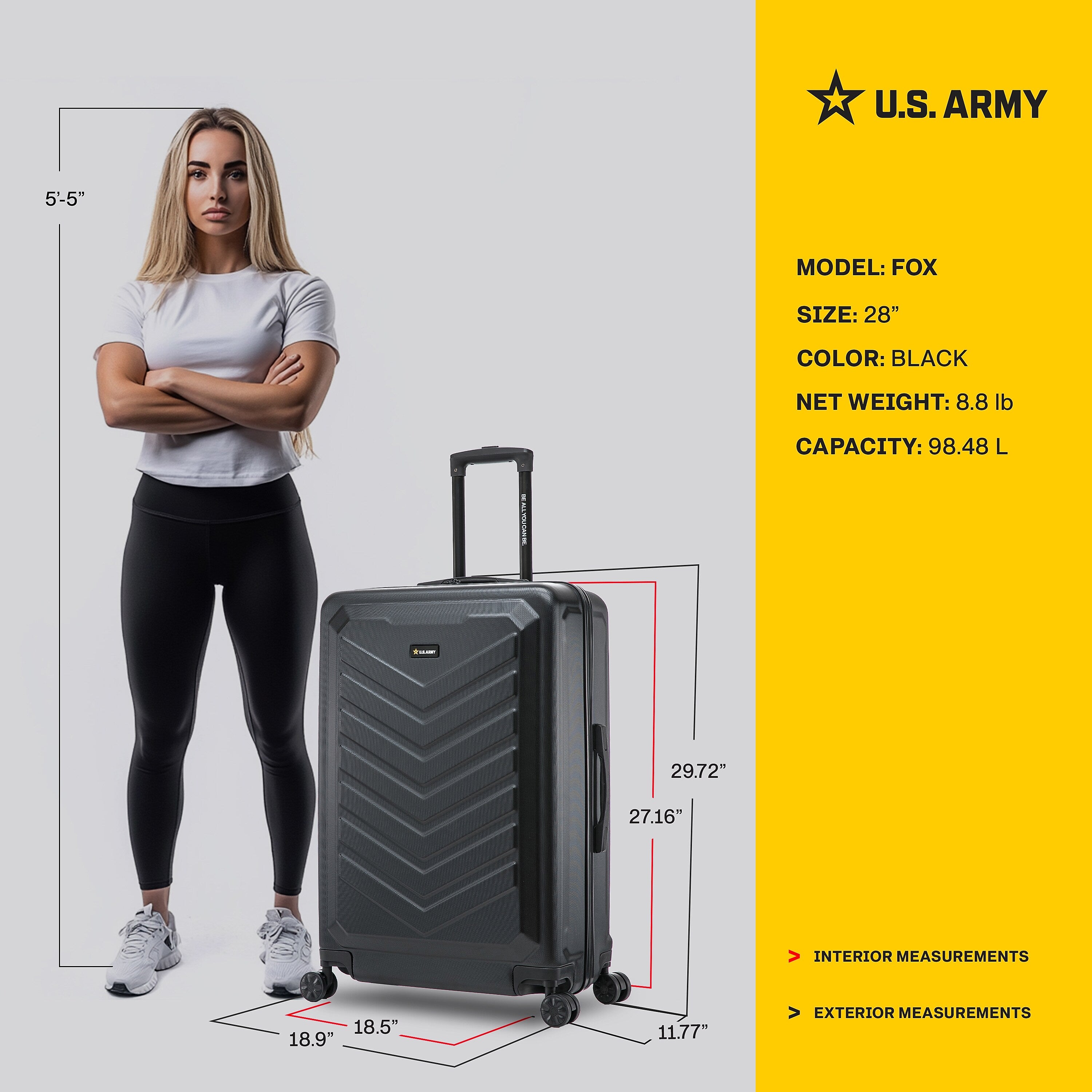US Army FOX 28" Hardside Suitcase, 4-Wheeled Spinner, TSA Checkpoint Friendly, Black (USLFOX00L-BLK)