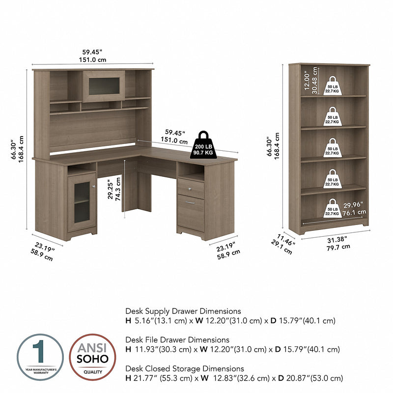 Bush Furniture Cabot 60"W L-Shaped Desk with Hutch and 5-Shelf Bookcase, Ash Gray (CAB011AG)