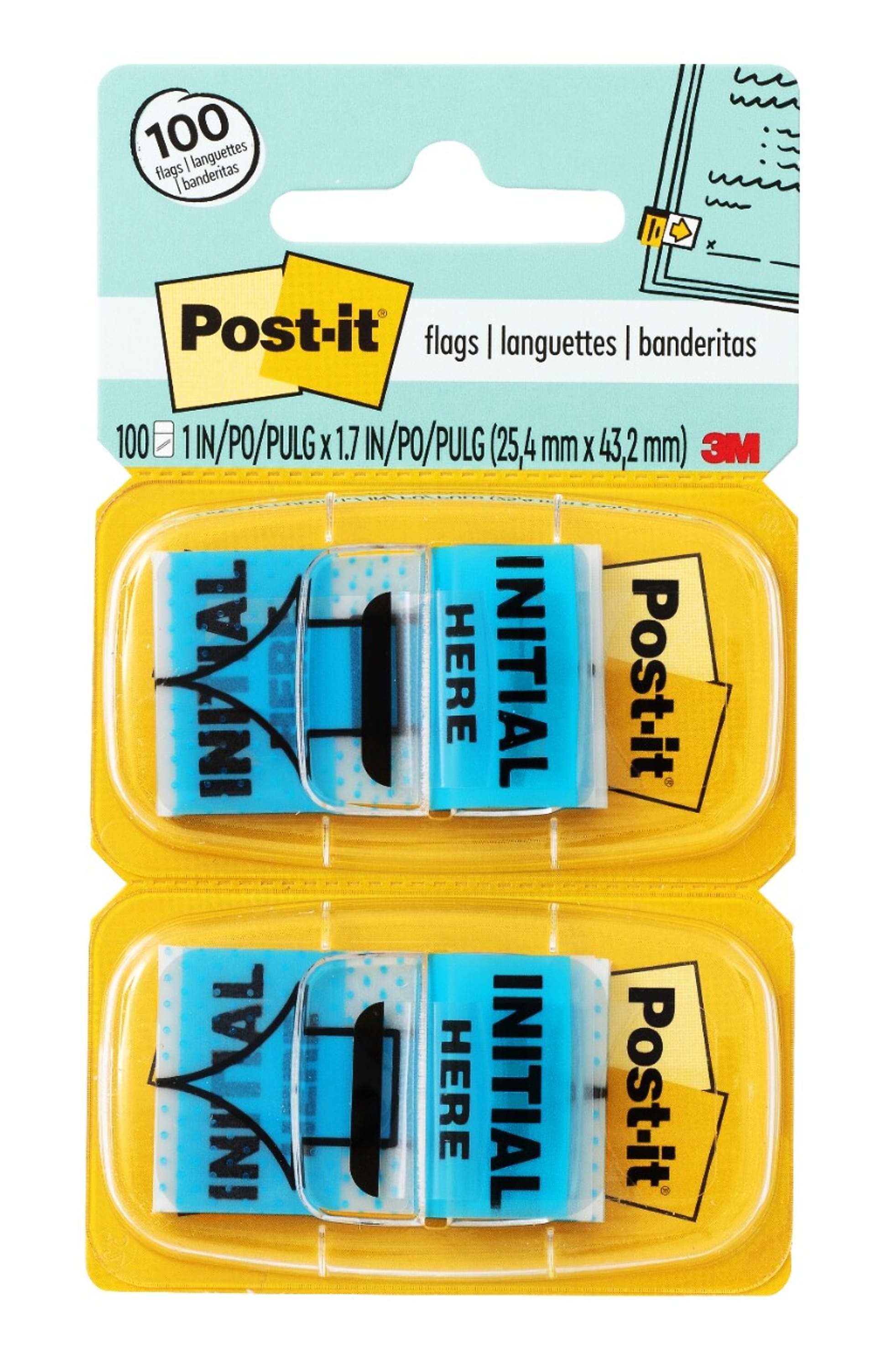 Post-it 'Initial Here' Message Flags, 1" Wide, Blue, 100 Flags/Pack (680-IH2)