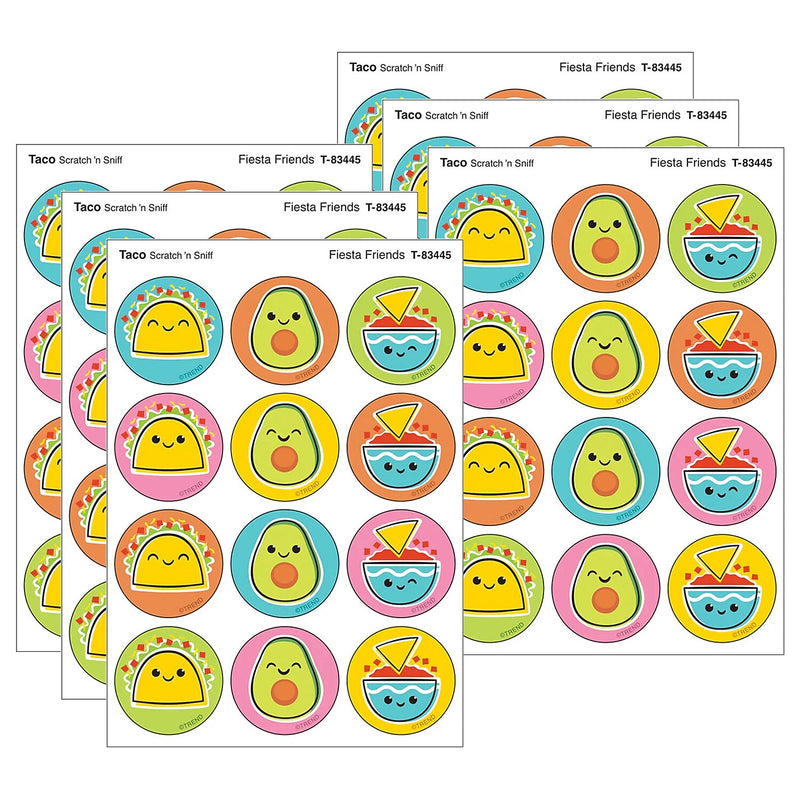 Trend Enterprises Fiesta Friends Taco scent Scratch 'n Sniff Stinky Stickers, Multicolored, 48/Pack, 6/Packs/Bundle (T-83445-6)
