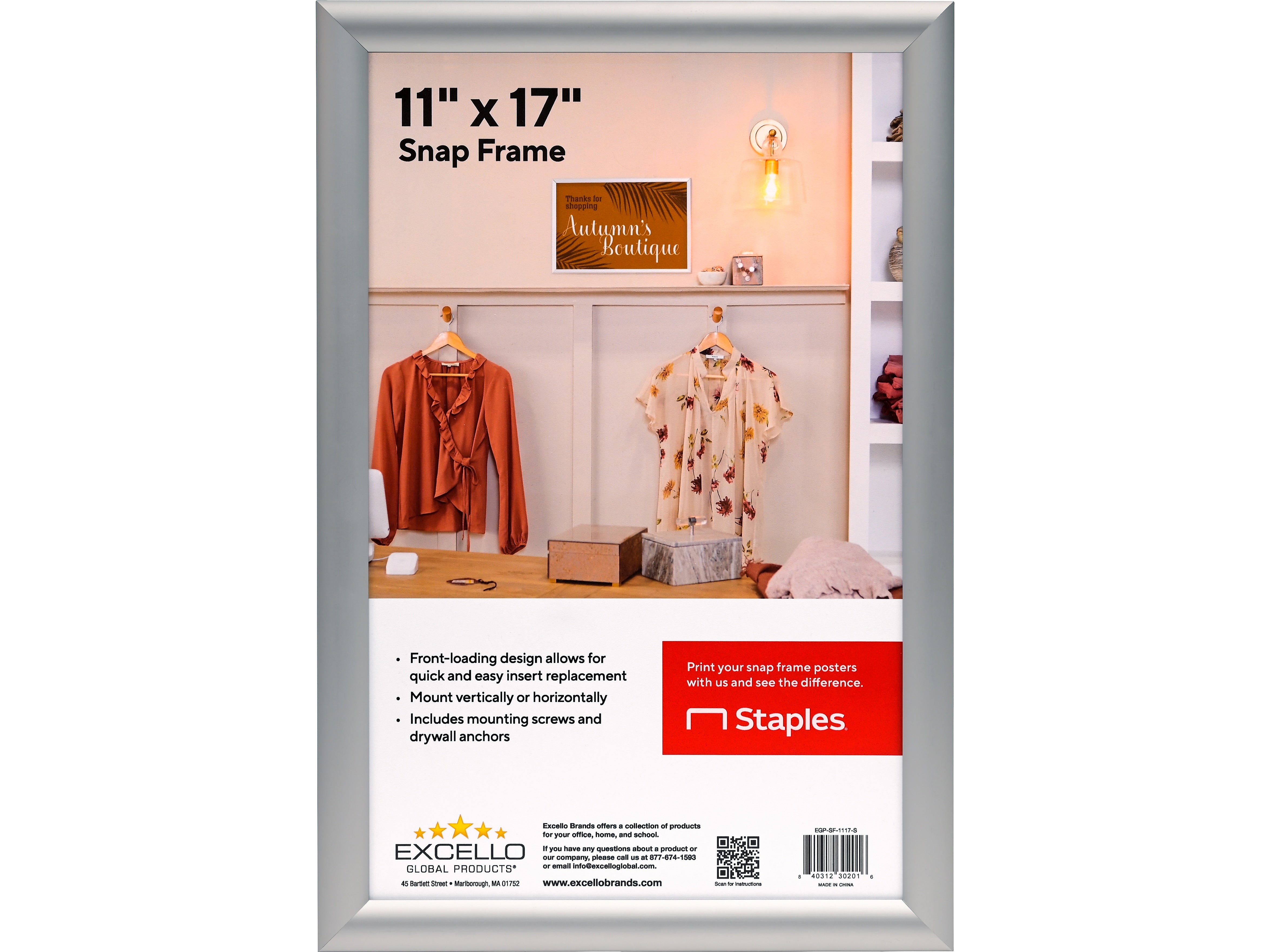 Excello Global Products Snap Frame Poster Holder, 11" x 17", Wall Mounted, Silver Aluminum (EGP-SF-1117-S)