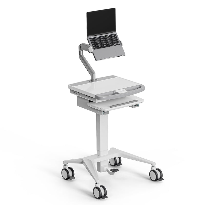 Mount-It! MedHub Mobile Medical Cart Workstation with Spring Arm Laptop Mount and Locking Caster Wheels, White/Grey (MI-16017)