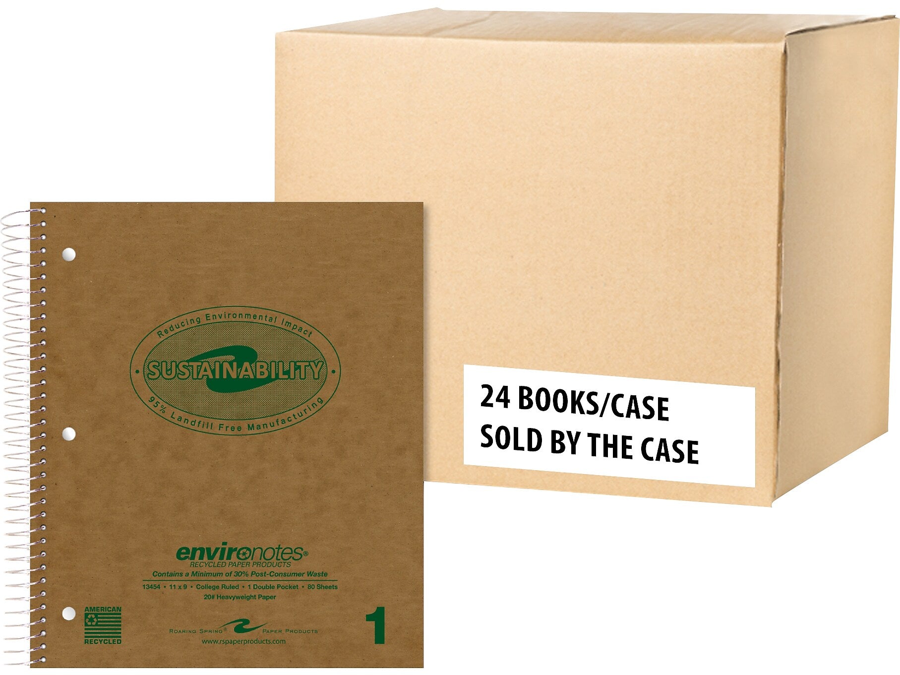 Roaring Spring Paper Products Environotes 1-Subject Notebooks, 9" x 11", College Ruled, 80 Sheets, Brown, 24/Pack (13454CS)