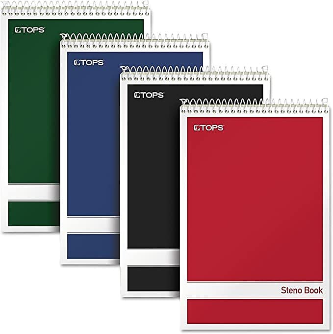 TOPS Steno Book, 6" x 9", Gregg Ruled, 80 Sheets, Assorted Colors, 4/Pack (80221)
