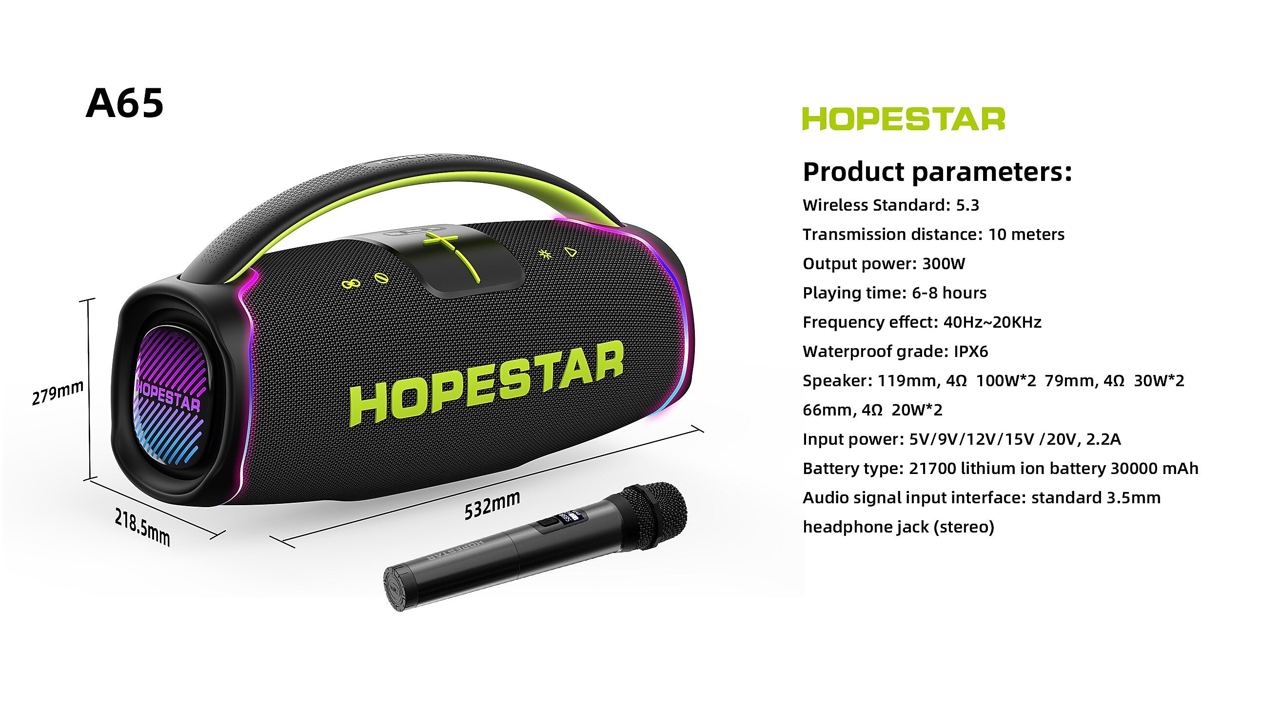 Worryfree Gadgets Hopestar Wireless Bluetooth 300W Portable Speaker, Water Resistant, Gray (WA65-GRY)