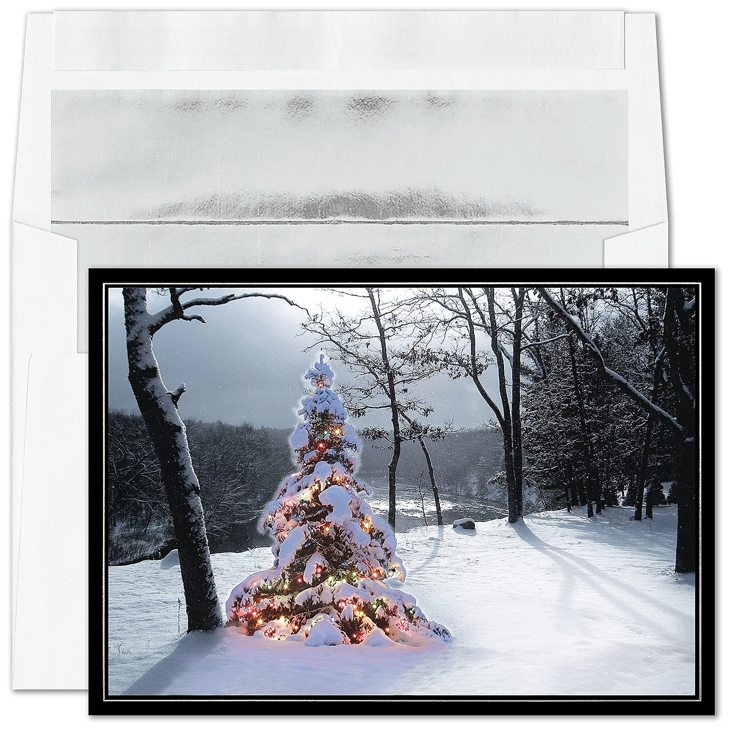 "Bright Tree" Holiday Card w/ Fastick Silver Lined White Envelope, 100/BX