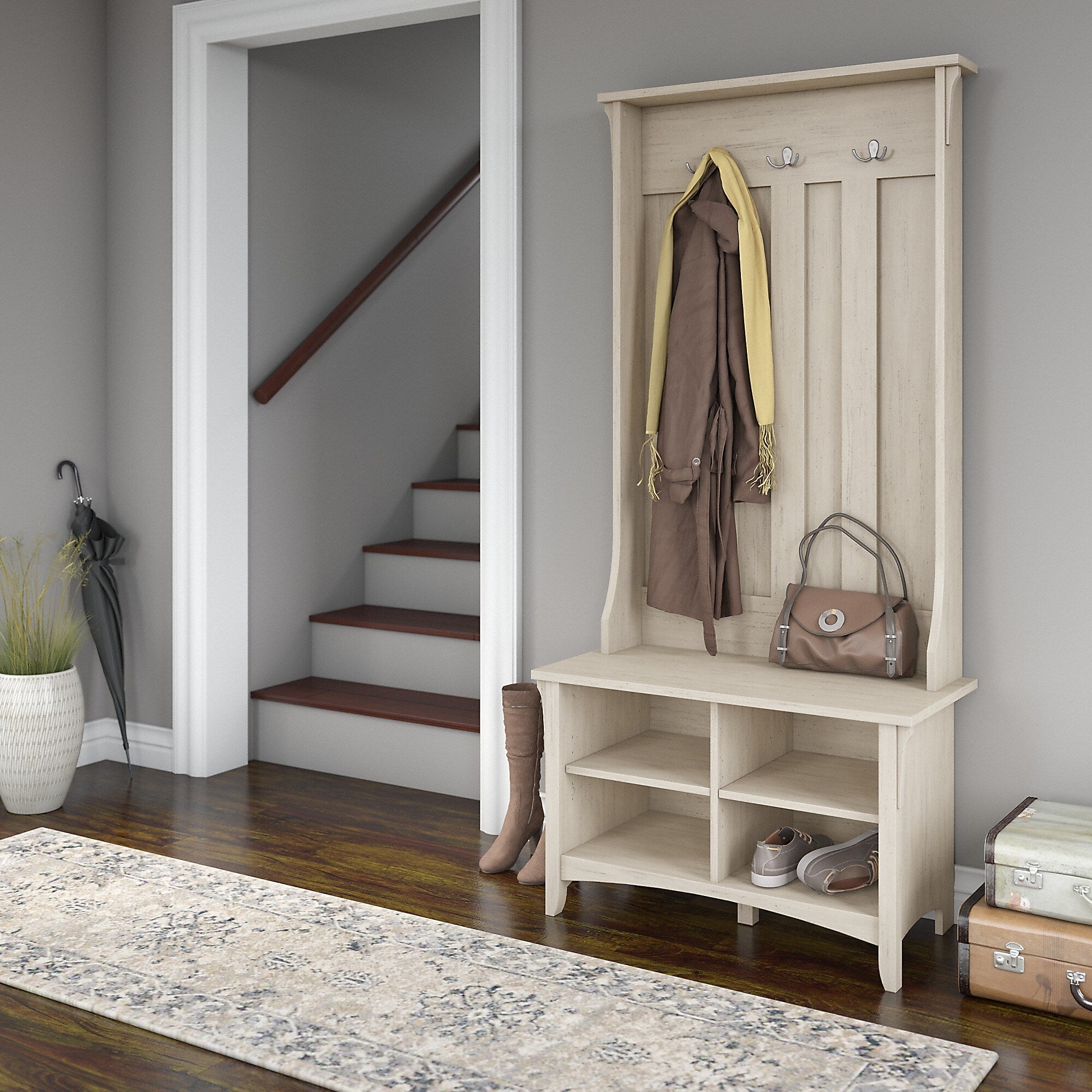 Bush Furniture Salinas Hall Tree with Storage Bench, Antique White (SAL001AW)