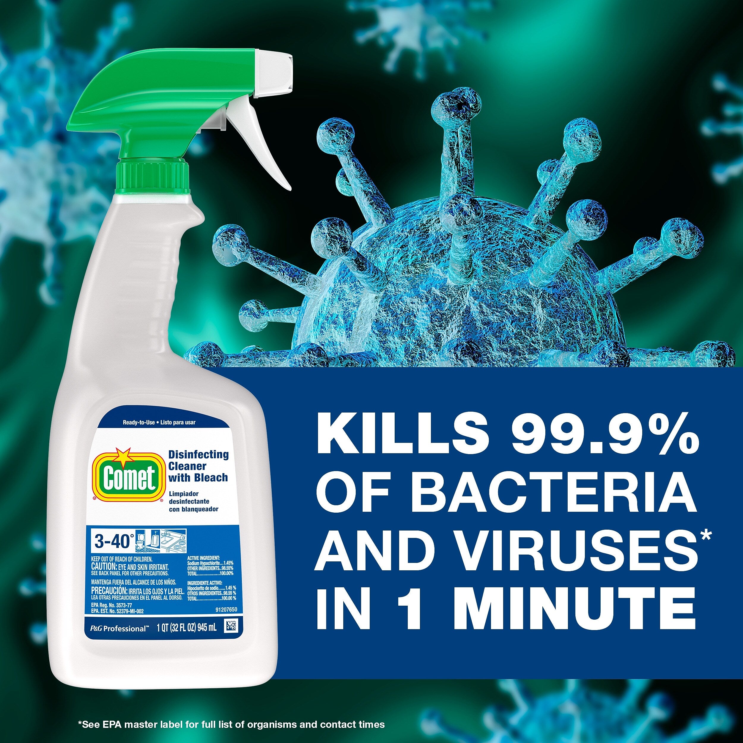 Comet Disinfecting Cleaner w/Bleach, Fresh Scent, 1 gal., 3/Carton (24651)