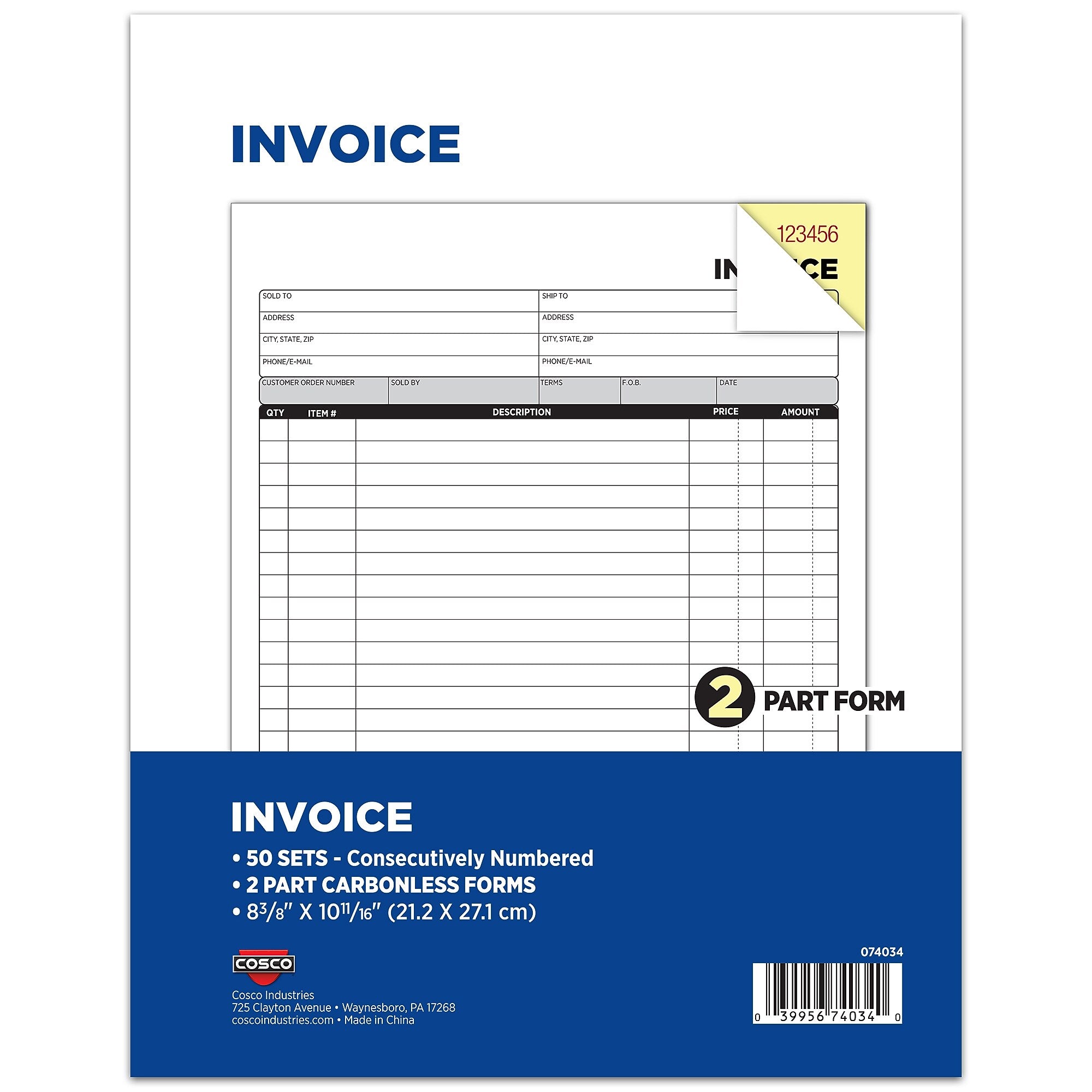 Cosco 2-Part Carbonless Invoices, 8.38" x 10.69", 50 Sets/Book, 5/Pack (074034PK5)