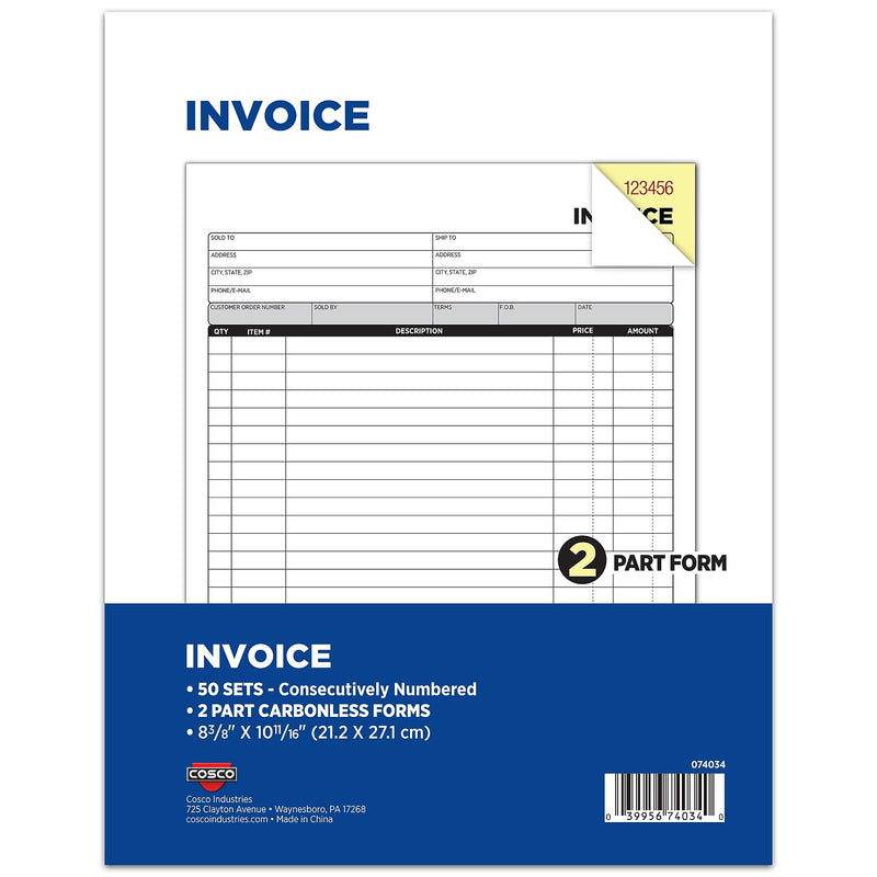 Cosco 2-Part Carbonless Invoices, 8.38" x 10.69", 50 Sets/Book, 5/Pack (074034PK5)