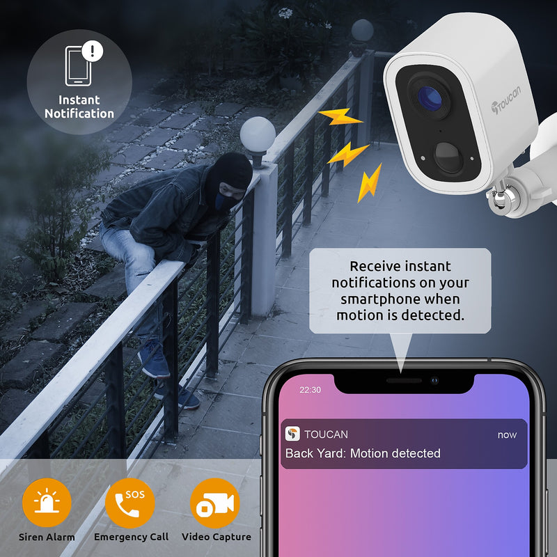 Toucan S4 Wireless Outdoor Smart Battery Operated Security Camera, Night Vision, White (TWC400S)