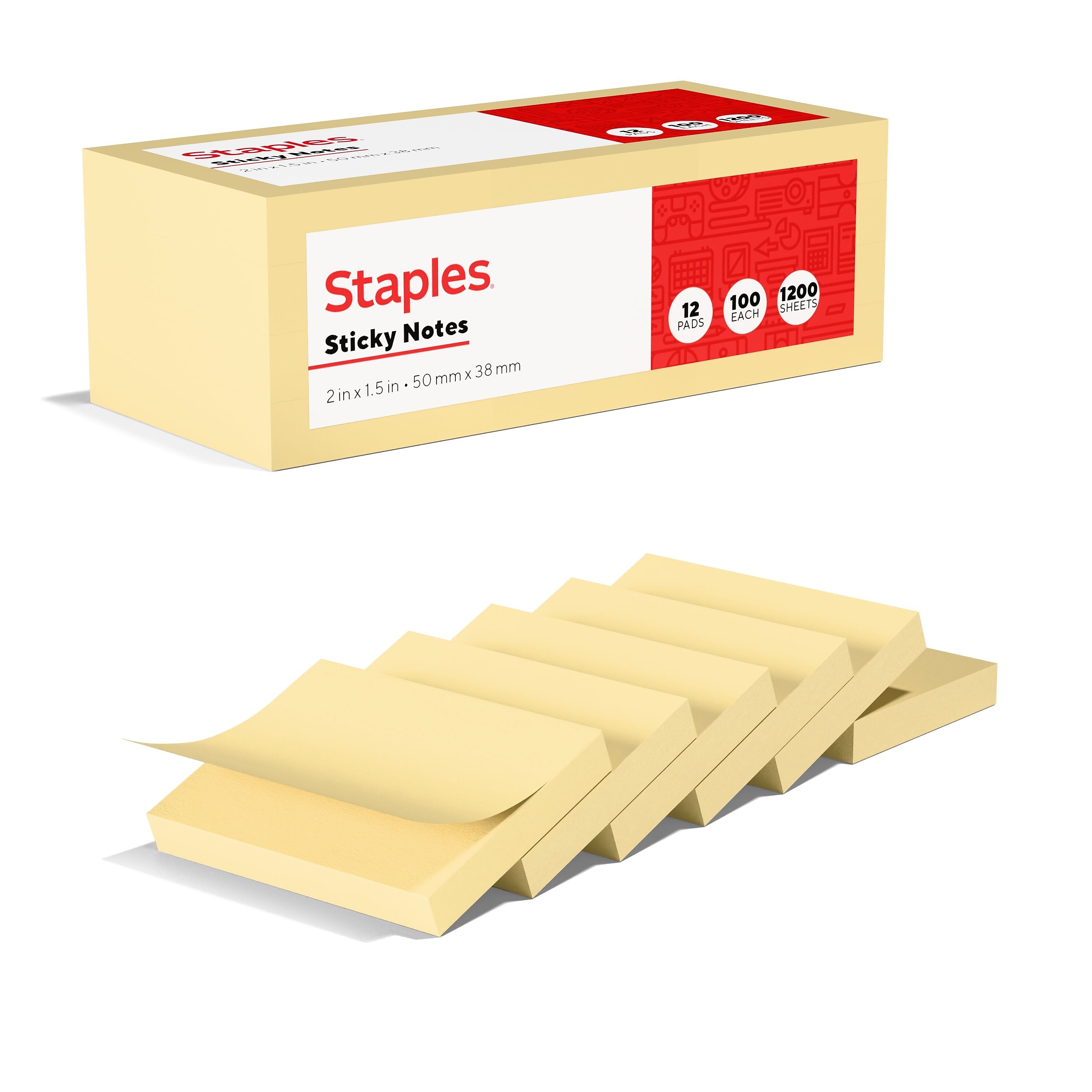 Staples Recycled Sticky Notes, 2" x 1 1/2", Sunshine Collection, 100 Sheets/Pad, 12 Pads/Pack (S152YR/1252554)