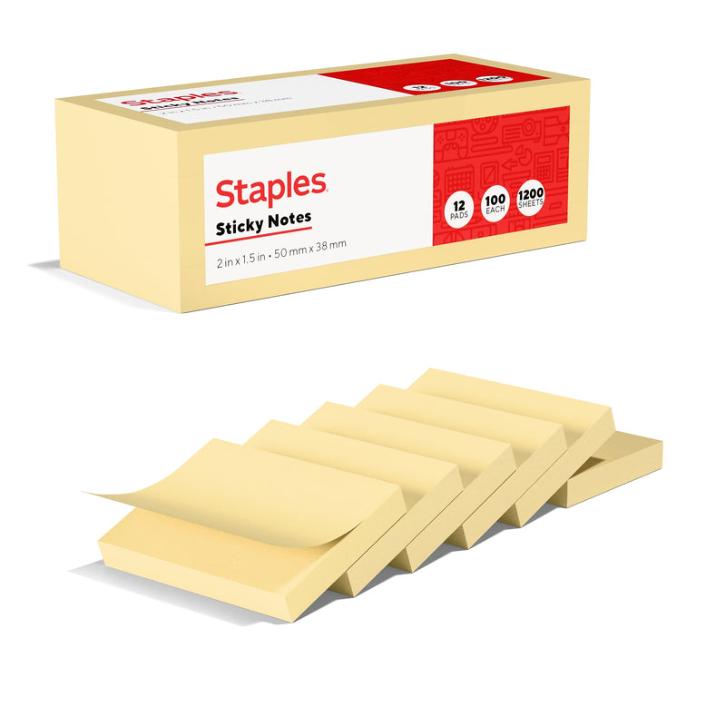 Staples Recycled Sticky Notes, 2" x 1 1/2", Sunshine Collection, 100 Sheets/Pad, 12 Pads/Pack (S152YR/1252554)