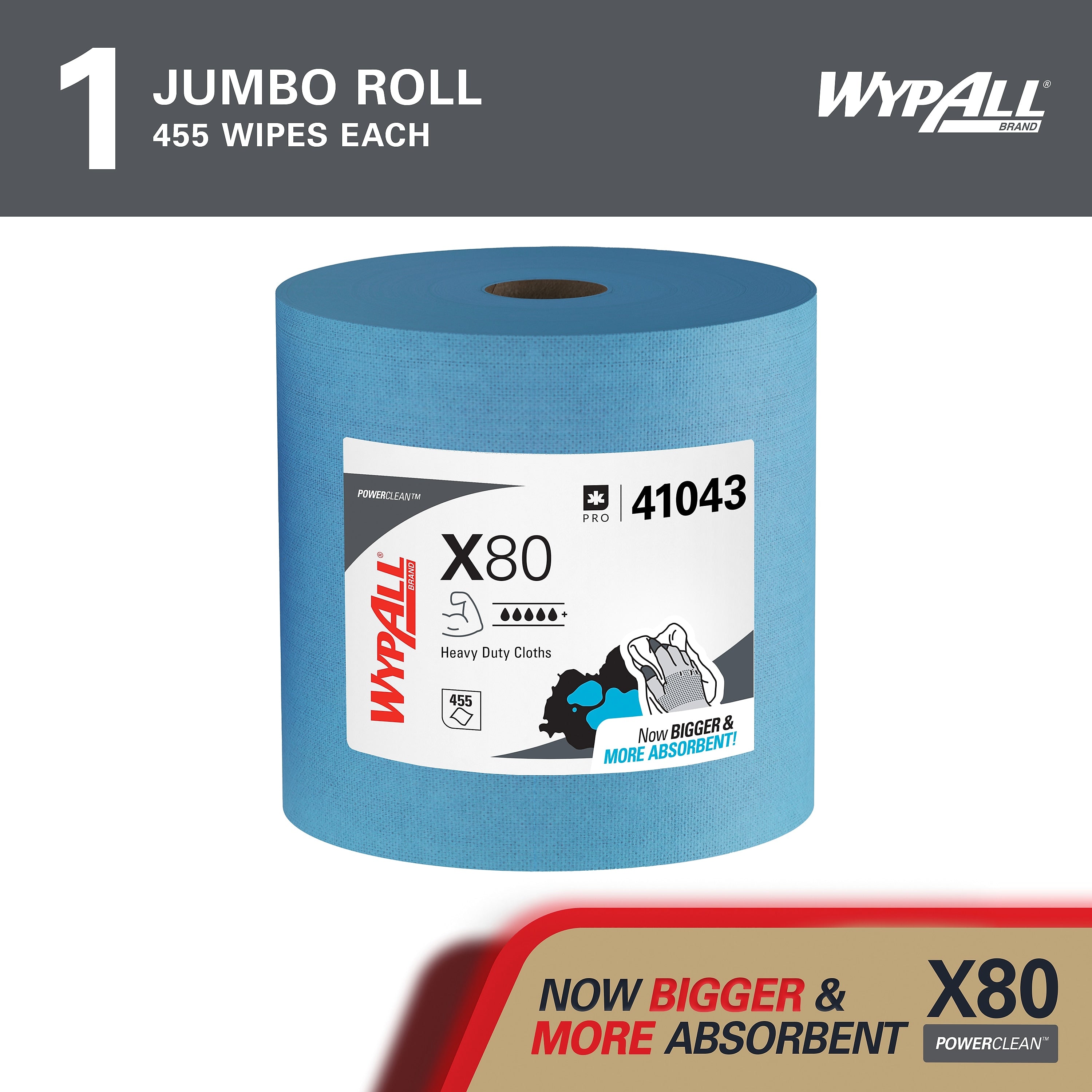 WypAll PowerClean X80 Fabric Cleaning Wipers, 13.4" x 12.5", Blue, 455 Sheets/Roll (41043)