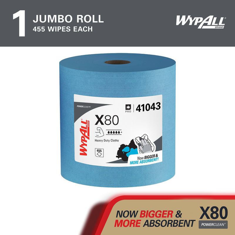 WypAll PowerClean X80 Fabric Cleaning Wipers, 13.4" x 12.5", Blue, 455 Sheets/Roll (41043)