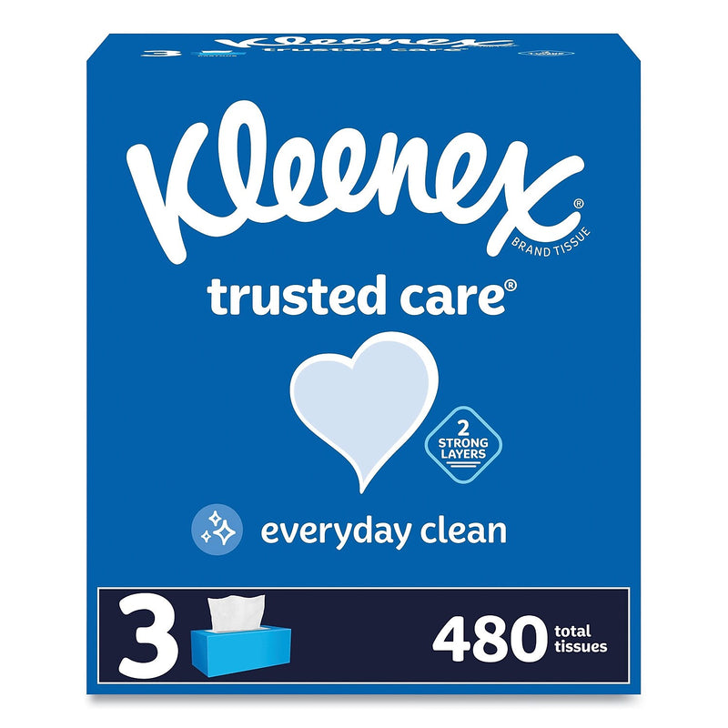 Kleenex Trusted Care Facial Tissue, 2-Ply, 160 Tissues/Box, 3 Boxes/Pack, 12 Packs/Carton (54303)