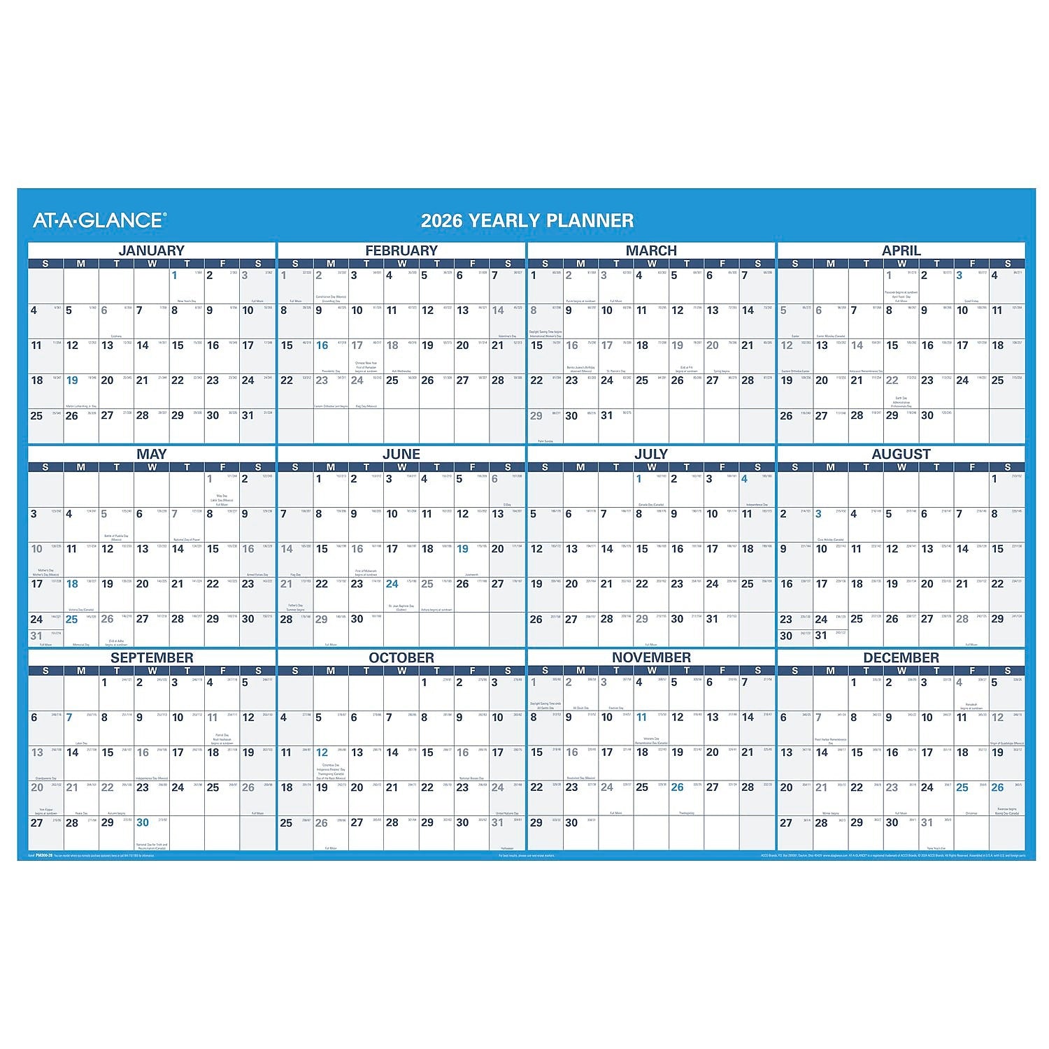 2026 AT-A-GLANCE 48" x 32" Yearly Dry Erase Wall Calendar, Reversible, White/Blue (PM300-28-26)