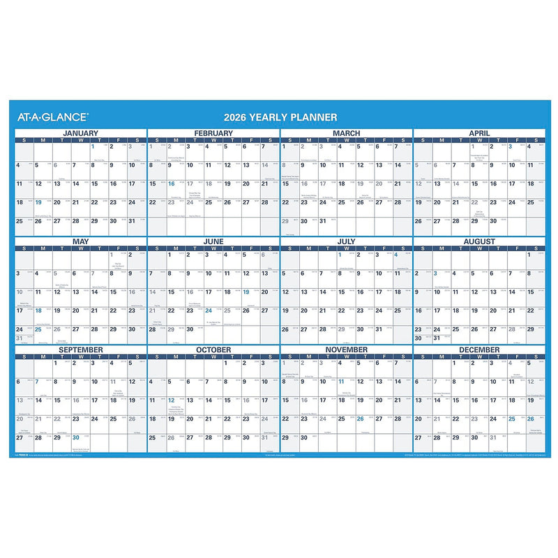 2026 AT-A-GLANCE 48" x 32" Yearly Dry Erase Wall Calendar, Reversible, White/Blue (PM300-28-26)