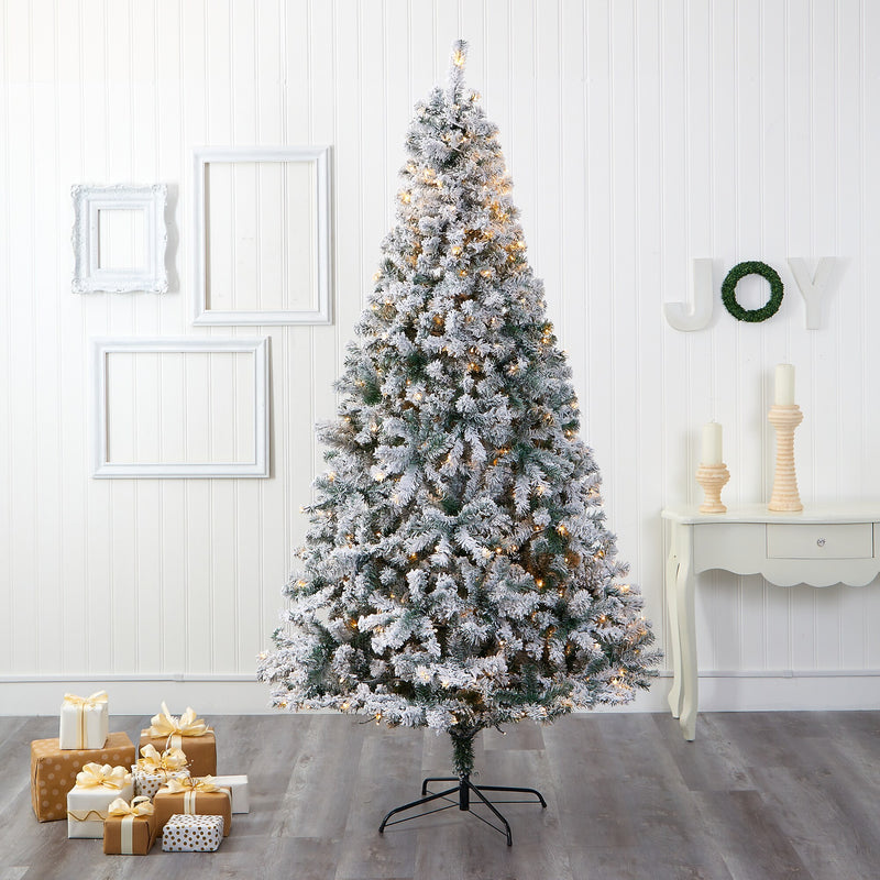 Nearly Natural 8-ft Flocked Rock Springs Spruce Artificial Christmas Tree with 500 Clear LED Lights (T1754)