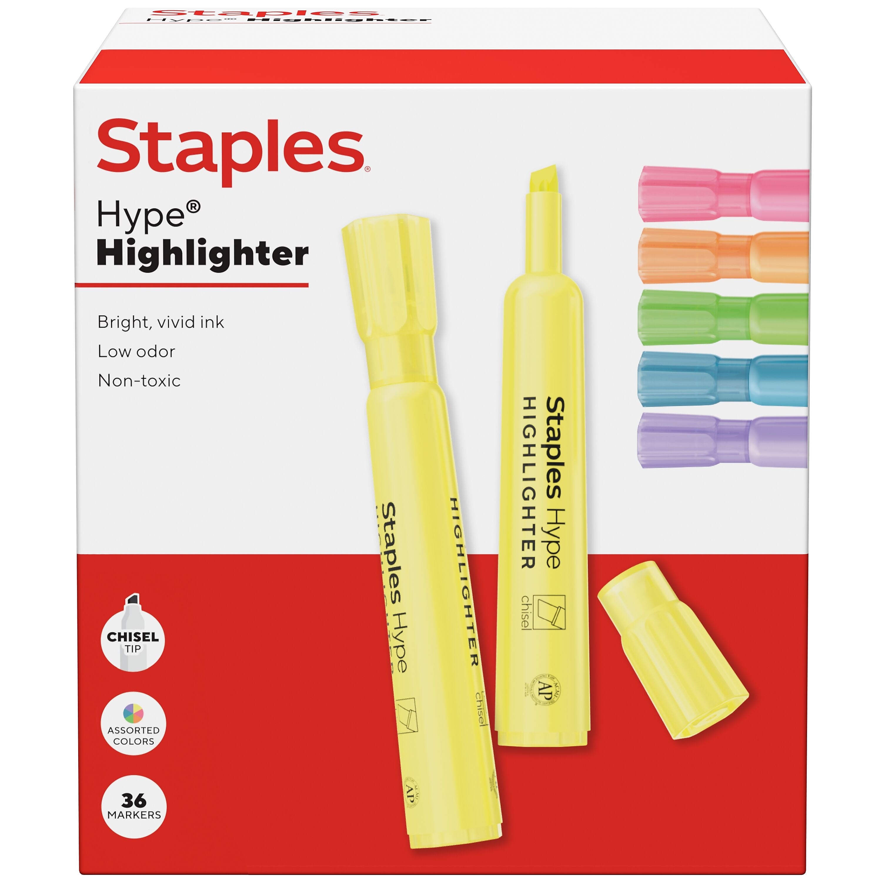 Staples Hype Tank Highlighter, Chisel Tip, Assorted, 36/Pack (ST62946)