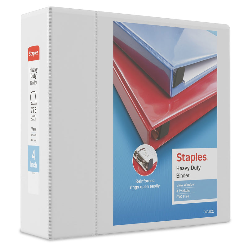 Staples Heavy Duty 4" 3-Ring View Binders, D-Ring, White, 4/Pack (56266CT/24696CT)