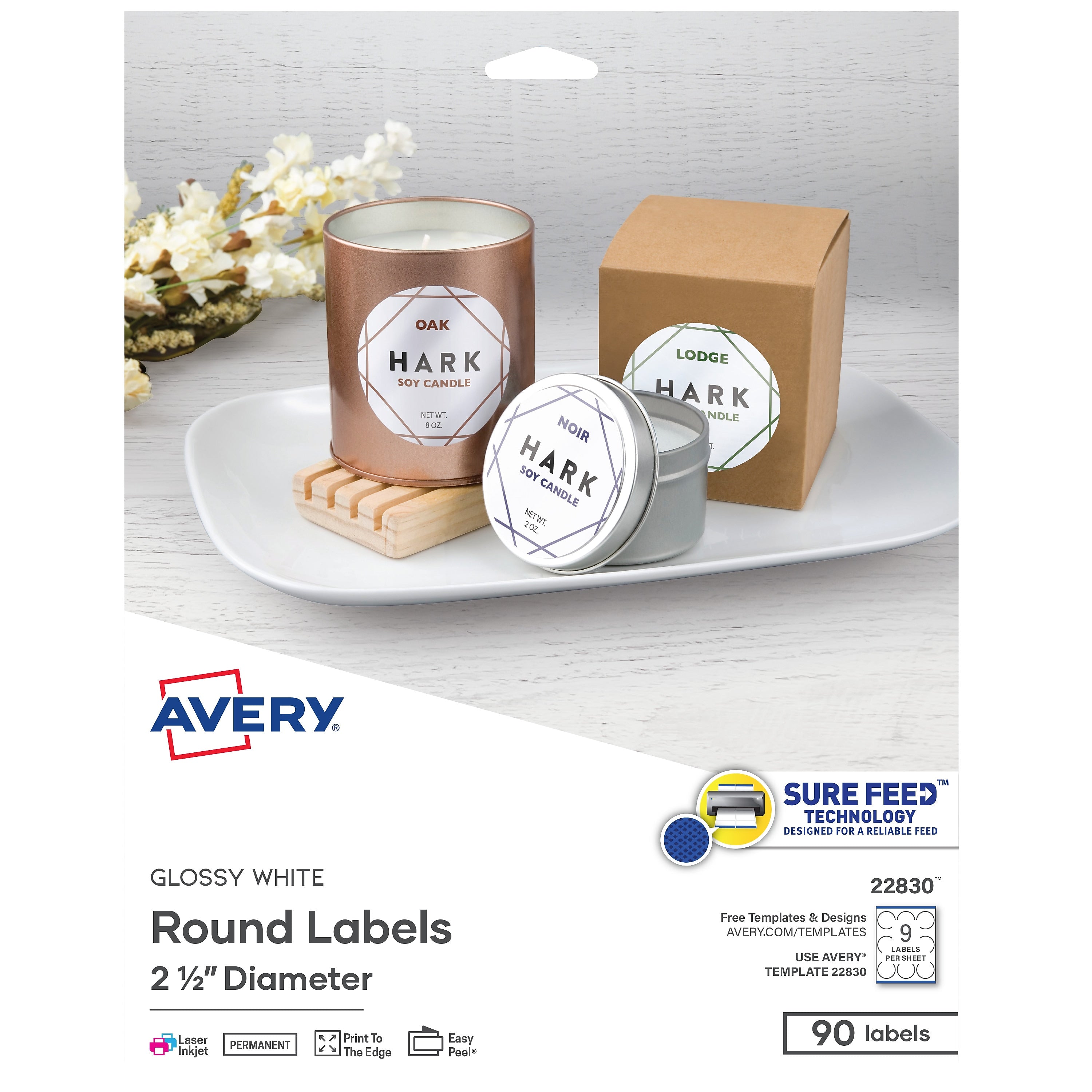 Avery Print-to-the-Edge Laser/Inkjet Round Labels, 2 1/2" Dia, Glossy White, 90 Labels/Pack (22830)