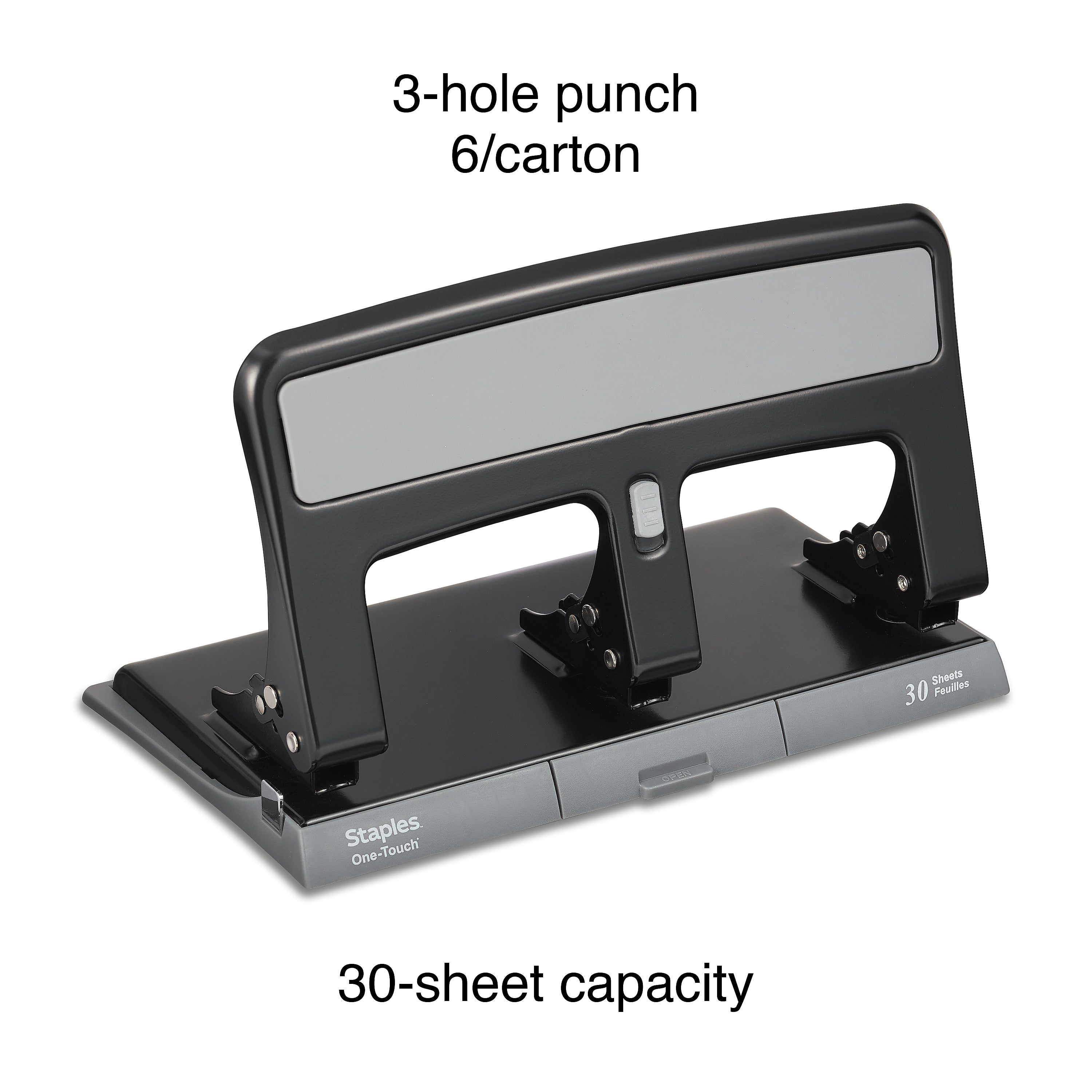 Staples One-Touch 3-Hole Punch, 30 Sheet Capacity, Black, 6/Case (26614)