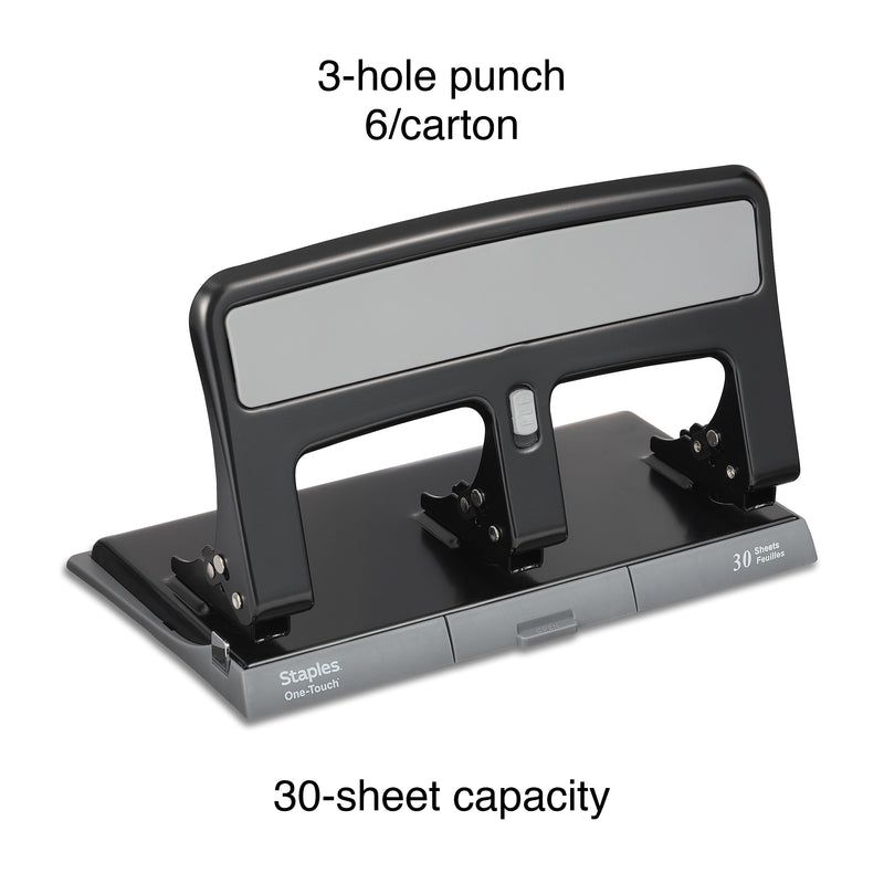 Staples One-Touch 3-Hole Punch, 30 Sheet Capacity, Black, 6/Case (26614)