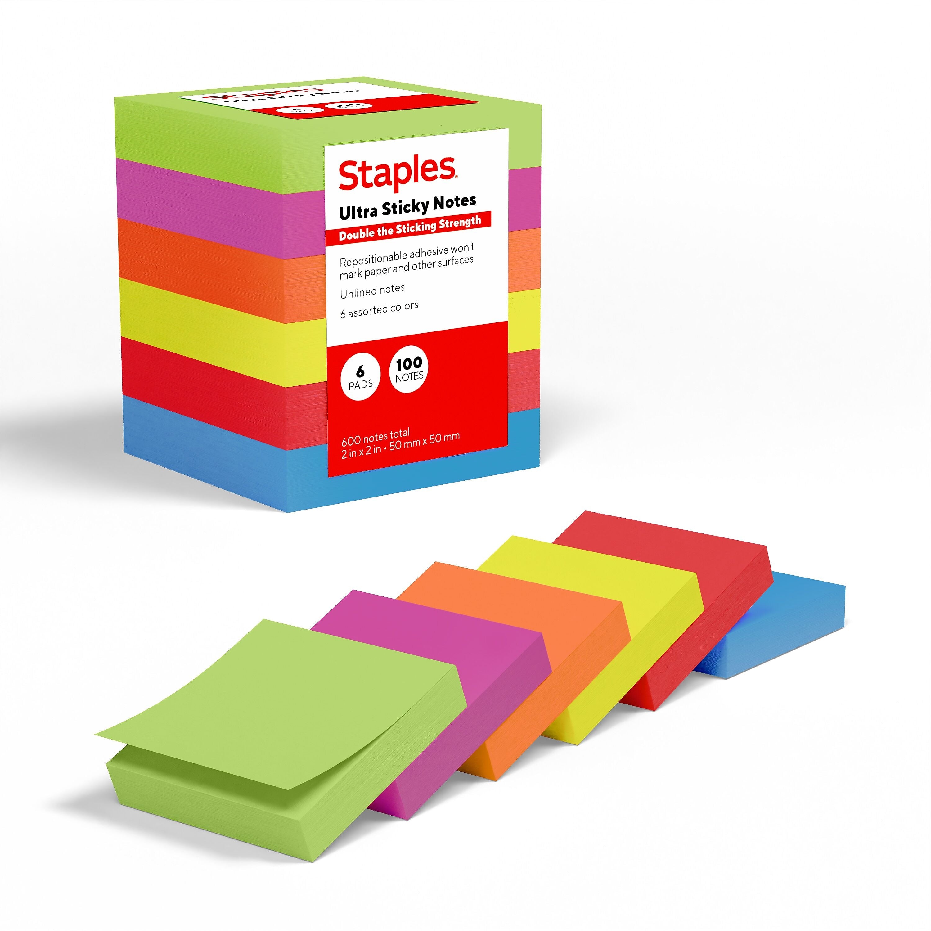 Staples Ultra Sticky Notes, 2" x 2", Summer Breeze Collection, 100 Sheets/Pad, 6 Pads/Pack (ST62880)
