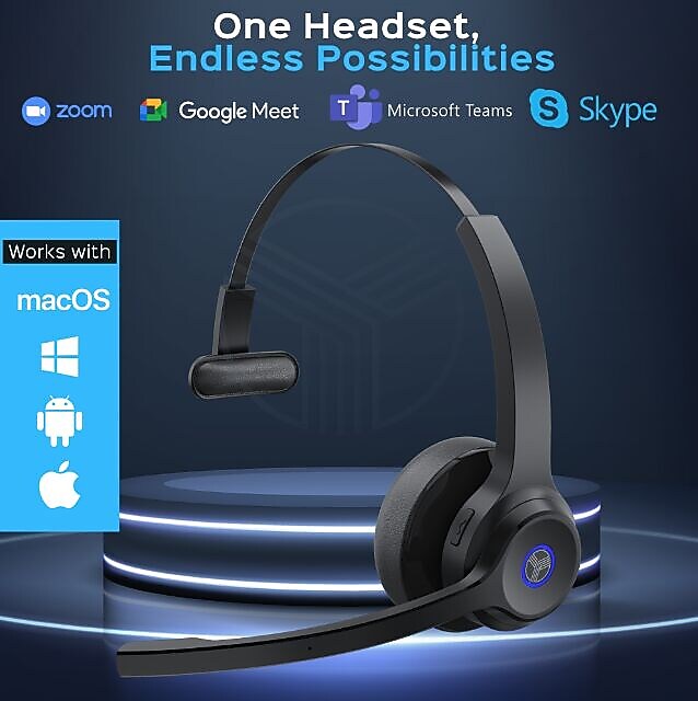 Treblab C7 Noise Canceling Bluetooth Stereo Computer Headset, Black