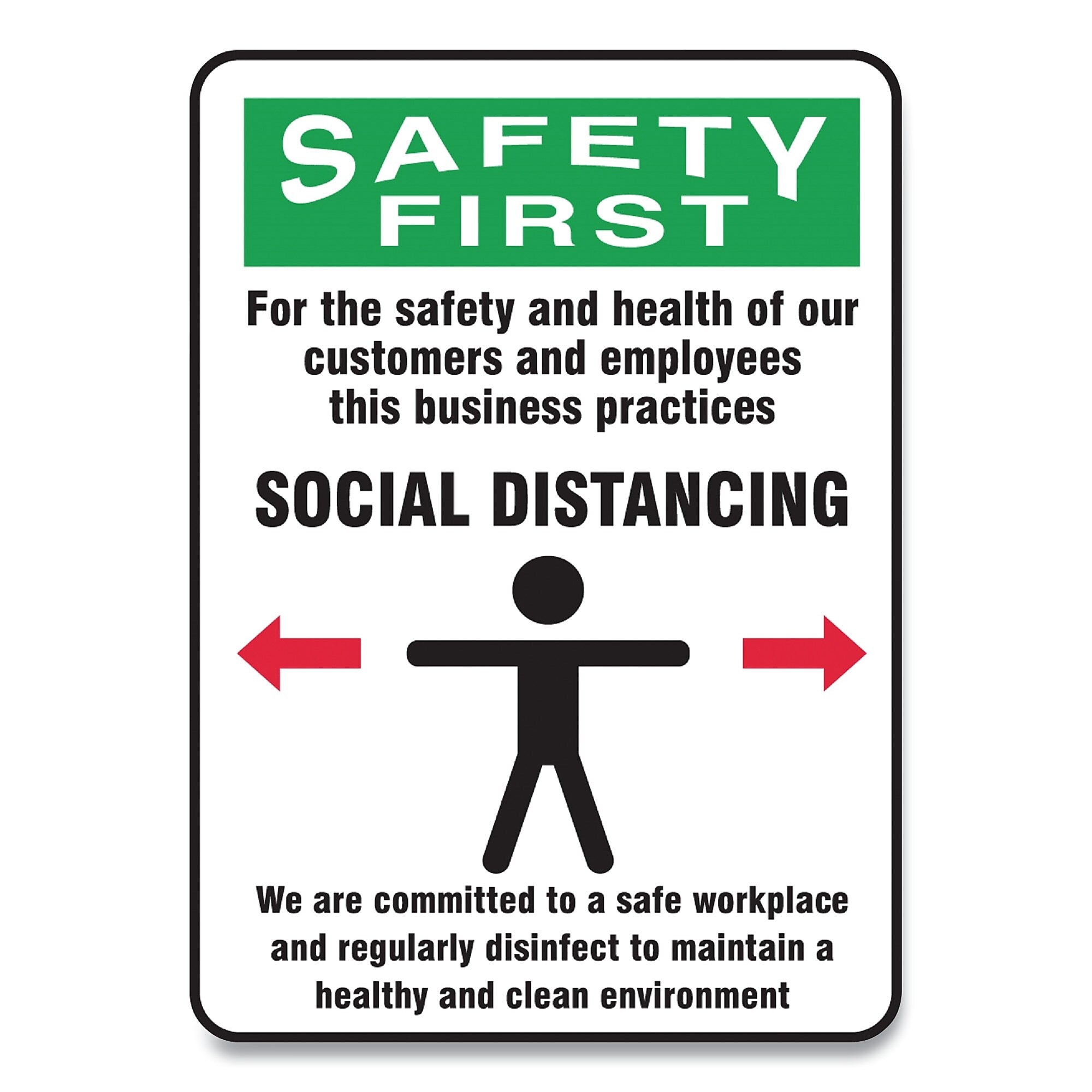 Accuform Social Distance Signs, 7 x 10, Customers and Employees Distancing Clean Environment, Humans/Arrows, Green/White, 10/PK
