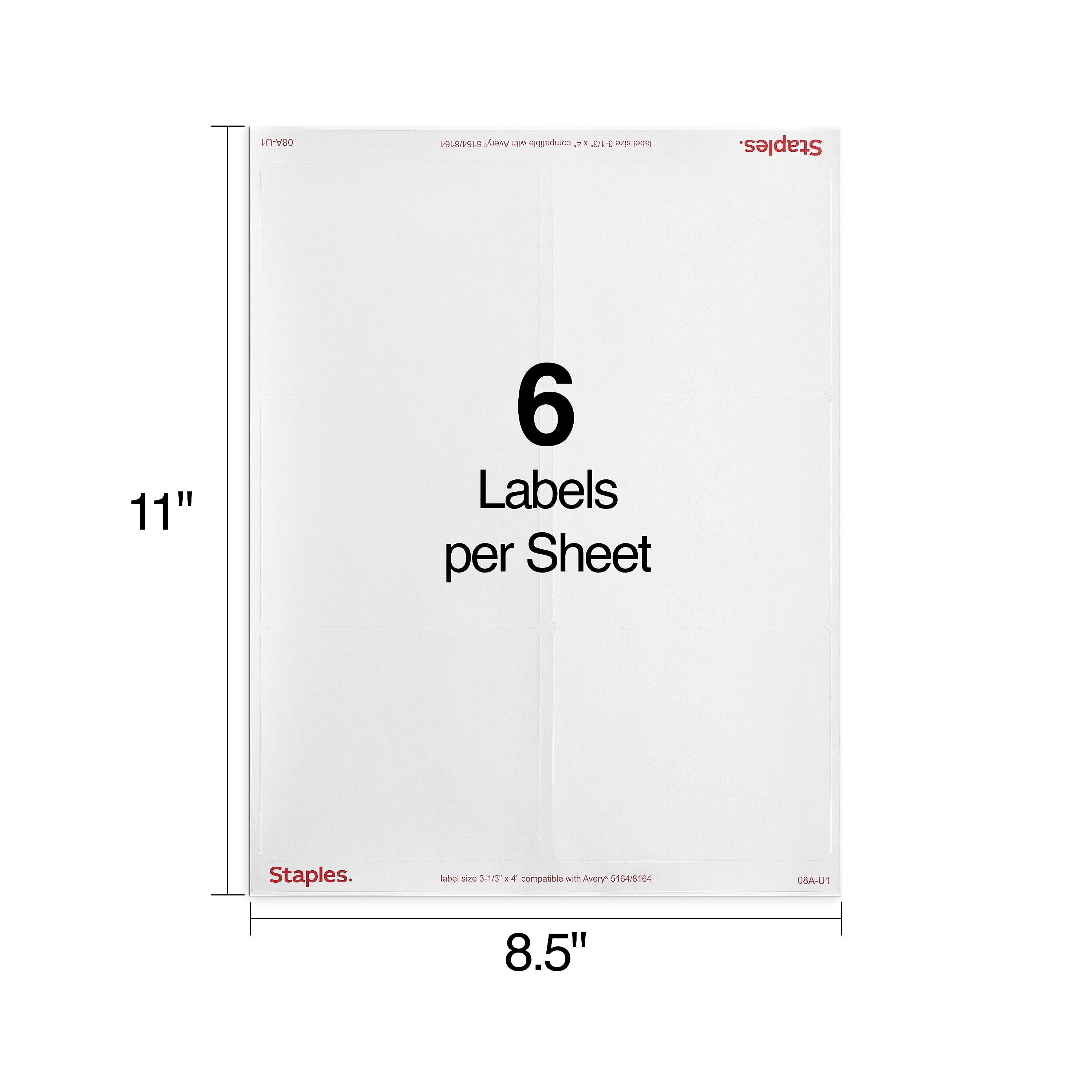 Staples Laser/Inkjet Shipping Labels, 3 1/3" x 4", White, 6 Labels/Sheet, 250 Sheets/Pack, 1500 Labels/Box (ST18067-CC)