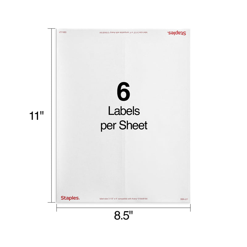 Staples Laser/Inkjet Shipping Labels, 3 1/3" x 4", White, 6 Labels/Sheet, 250 Sheets/Pack, 1500 Labels/Box (ST18067-CC)