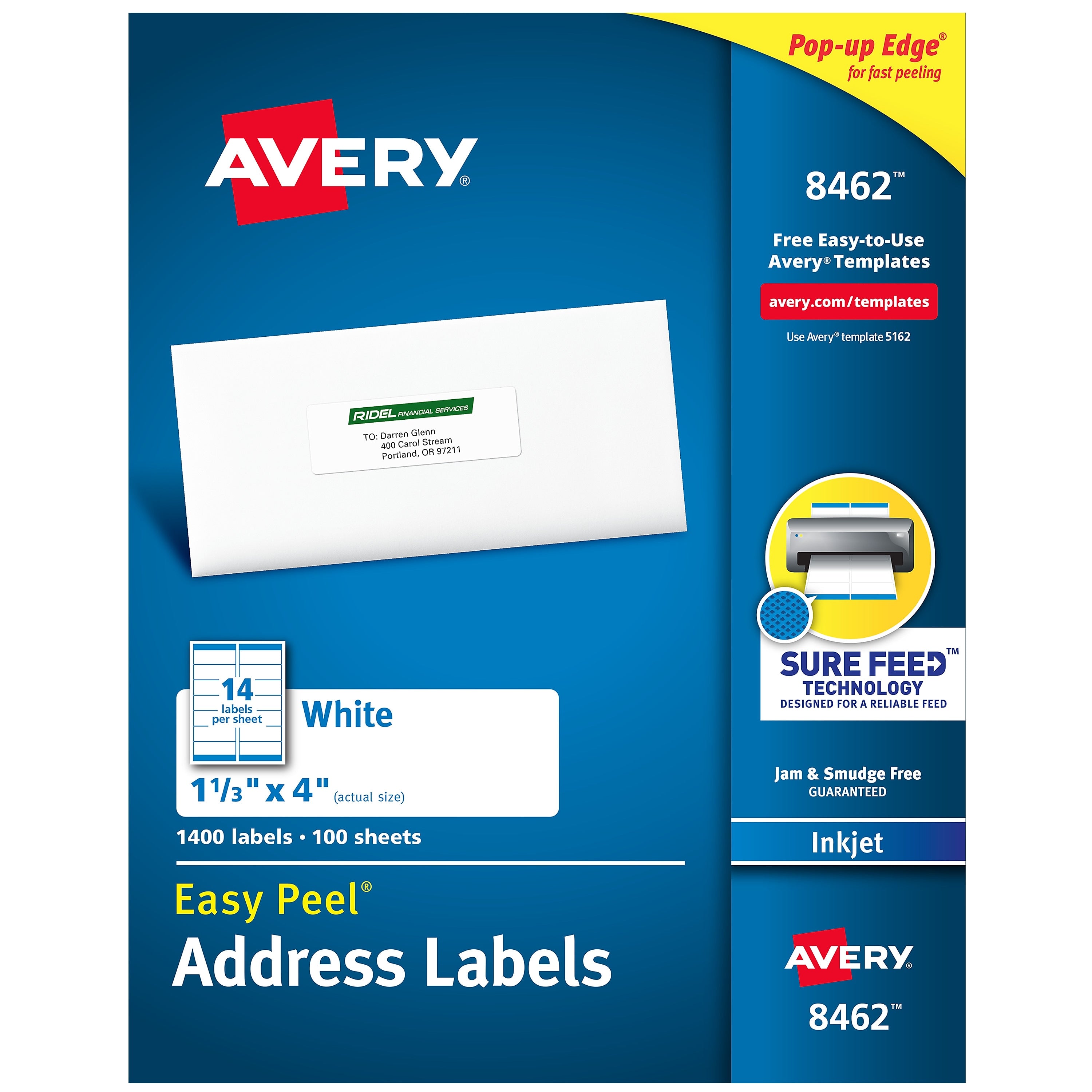 Avery Easy Peel Inkjet Address Labels, 1-1/3" x 4", White, 1,400 Labels/Box (8462)