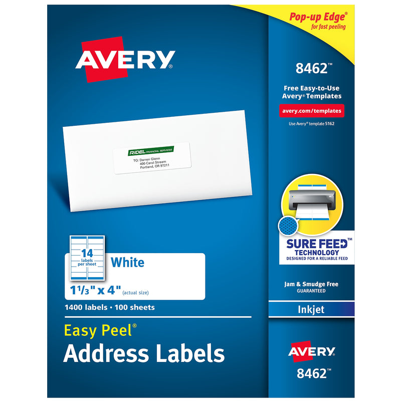 Avery Easy Peel Inkjet Address Labels, 1-1/3" x 4", White, 1,400 Labels/Box (8462)
