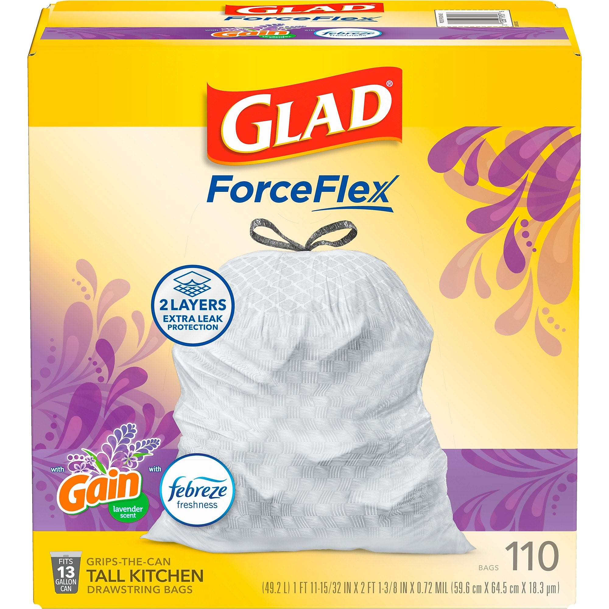 Glad ForceFlex Tall Kitchen Drawstring Trash Bags, 13 Gallon, Gain Lavender with Febreze Freshness, 110 Count (79157)