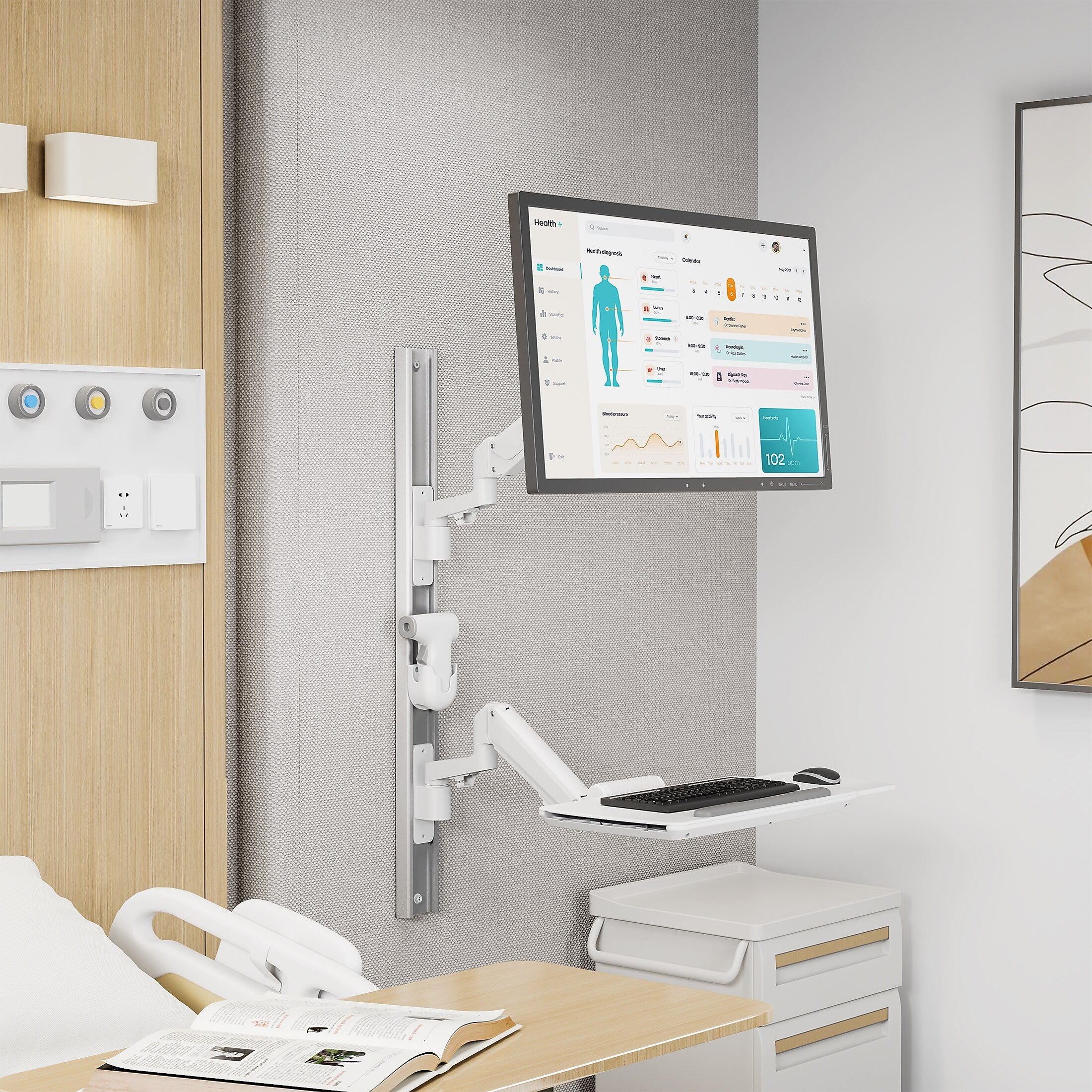 Mount-It! MedHub Wall Mounted, Flexible Workstation With WallTrack for Monitors up to 43", Matte White (MI-16002)